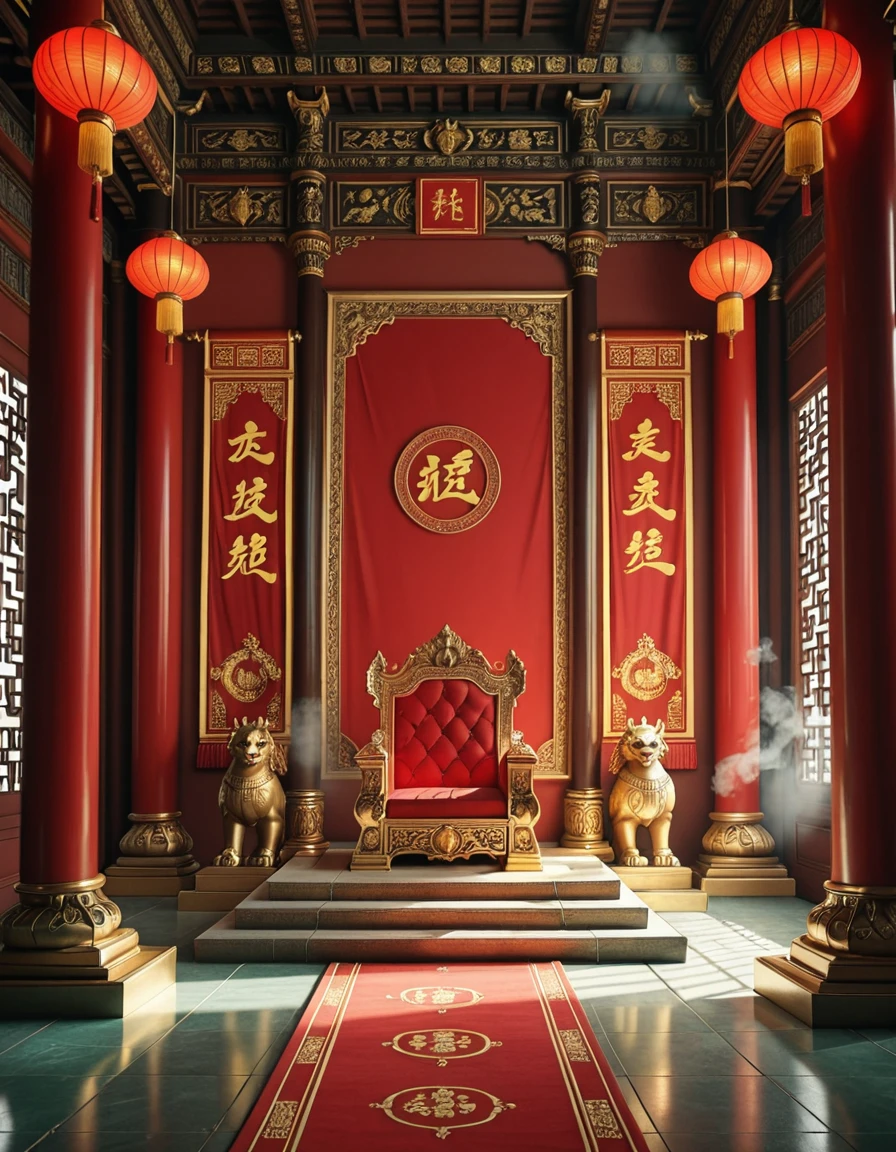A majestic Chinese throne room, inspired by the grandeur of the Forbidden City, with intricately carved red and gold columns, glowing lanterns hanging from the ornate wooden ceiling, and large silk banners displaying imperial dragons. The throne is elevated on a golden platform with detailed engravings, flanked by stone guardian lions and surrounded by polished jade flooring. The air is filled with incense smoke, creating a mystical, regal atmosphere under soft natural light filtering through lattice windows. No people are present.Chinese throne r00m, <lora:Chinese_throne_r00m-i:1>, Masterpiece,best quality,hi res,8k,hi res,8k,award winning,(sharp focus, intricate, highly detailed),