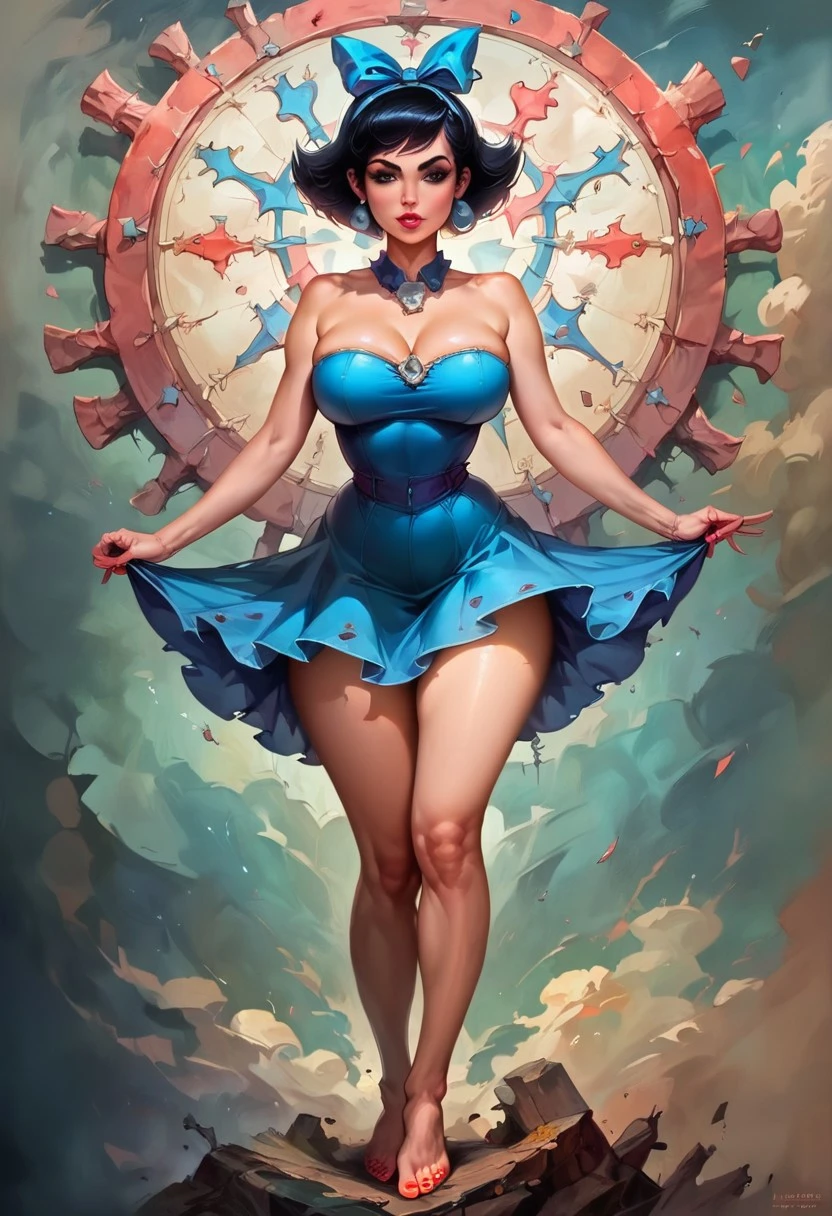 score_9, score_8_up, score_7_up, score_6_up, rating_explicit, score_9, score_8_up, score_8, Expressiveh, epiCPhoto, semi realistic,
 (best quality:1.1), (masterpiece:1.2), (realistic:1.2), (detailed:1.1), (highres, best quality:1.2),
 The Flintstones style, 
BREAK,1girl,  Betty Rubble, black hair, short hair,  blue hair bow, black eyes beautiful face,
a strapless blue dress featuring an accentuating silhouette and a 'torn', jagged hem, mini skirt, barefoot, Perfect feet, red painted toenails, lipstick, mature female, milf, beautiful face, large breasts, wide hips, narrow waist, thick thighs, skinny, (mature woman) )