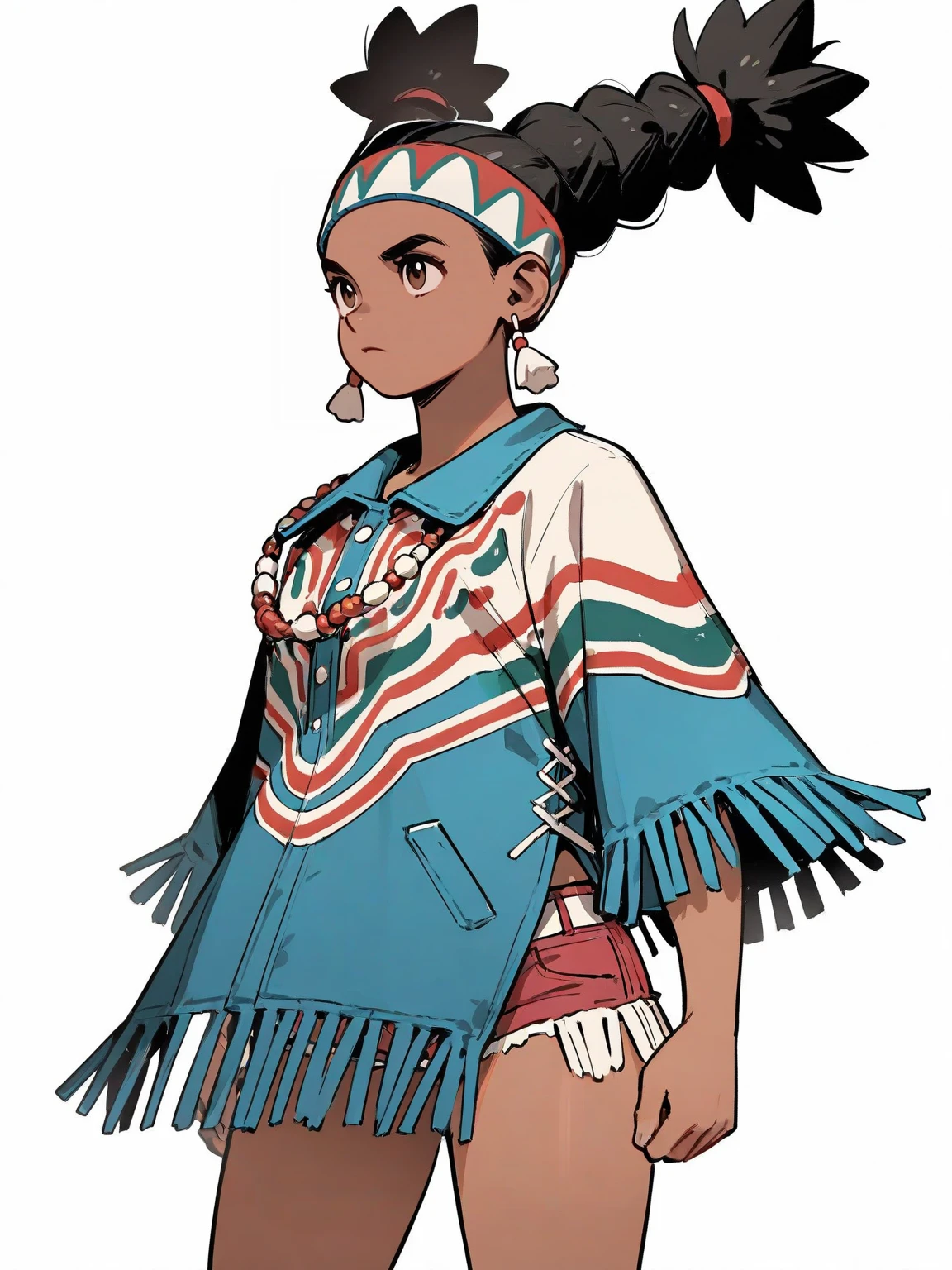 <lora:SF_LilyHawk-IL:0.8> 1girl, solo, cowboy shot, white background, black hair, brown eyes, dark skin, sf6lilydef, mult-tied hair, headband, earrings, bead necklace, jewelry, poncho, fringe-trim, denim shorts, masterpiece, best quality, detailed, highres, newest, recent, very as2, very awa