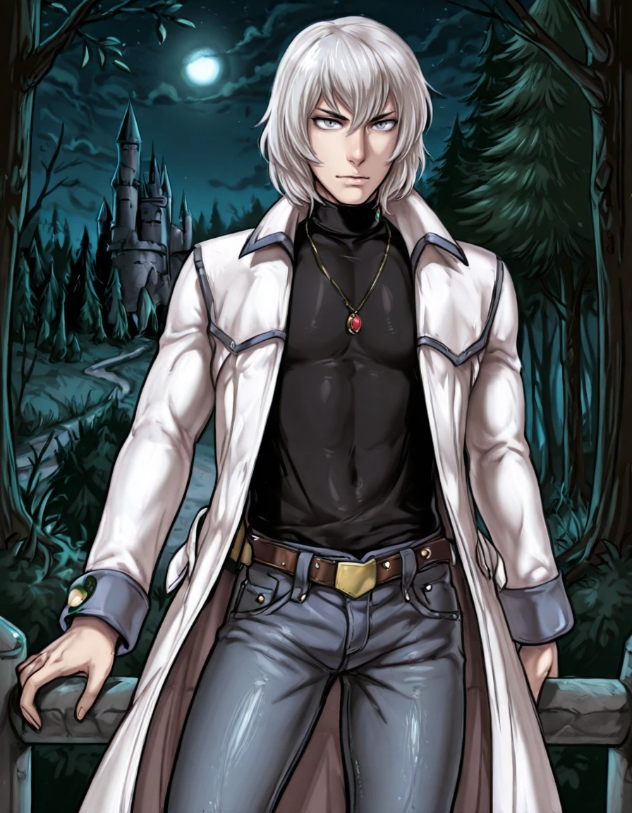 solo, 1boy, male focus, jewelry, belt, coat, denim, pants, jeans, necklace, turtleneck, white hair, grey eyes, pendant, soma cruz <lora:Soma_Cruz_Castlevania_Aria_of_SorrowIllustrious:1>  <lora:Amazon(Taitara)_IL:0.8> taitara, castle, forest, night, <lora:Dandonfuga_Style:0.8> d4ndon