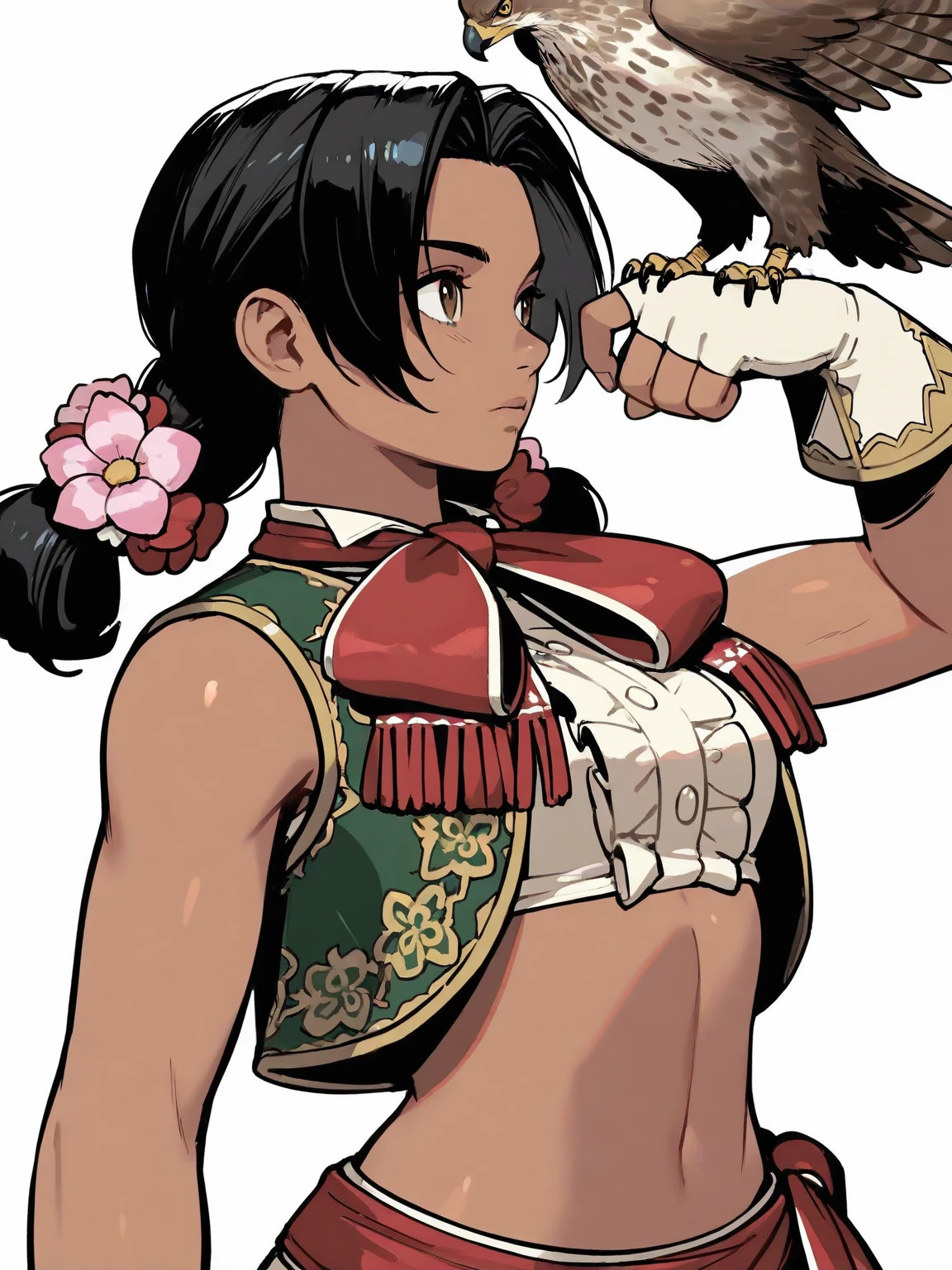 <lora:SF_LilyHawk-IL:0.8> 1girl, white background, hawk on arm, 1animal, black hair, brown eyes, dark skin, sf6lilyalt, twintails, hair flower, sleeveless vest, crop top, fingerless gloves, red sash, masterpiece, best quality, detailed, highres, newest, recent, very as2, very awa