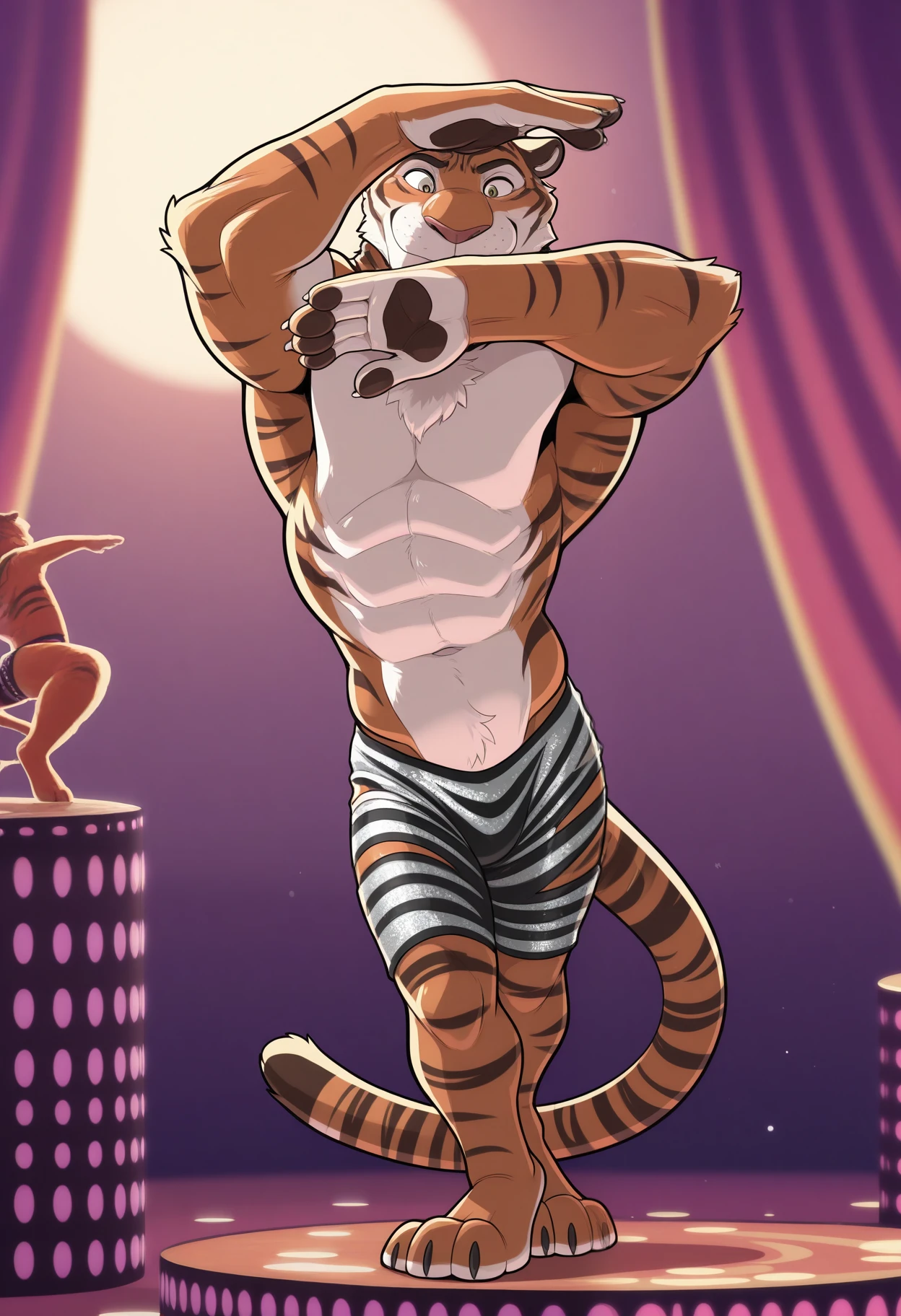 tiger dancer (zootopia), sexy dancing, sexy, furry body, muscular, underwear, male, masculine, 4k, high resolution, detailed, correct anatomy, cartoony proportions, (club background, bright lights), (by negger, by juiceps, by wfa:1.1), detailed eyes, flirting face, cel shaded, cartoony colors, (shiny fur, glitter on body, sparkling body:1.1), sexy