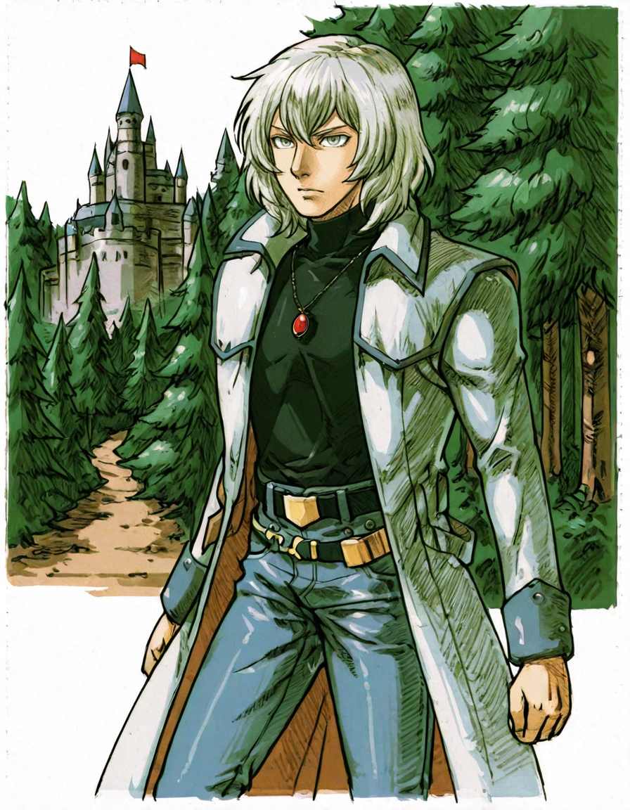 solo, 1boy, male focus, jewelry, belt, coat, denim, pants, jeans, necklace, turtleneck, white hair, grey eyes, pendant, soma cruz <lora:Soma_Cruz_Castlevania_Aria_of_SorrowIllustrious:1>  <lora:Amazon(Taitara)_IL:0.8> taitara, castle, forest,<lora:Marvel_vs._Capcom_2_New_Age_of_Heroes_Style:0.8> mvc2 style, hatching (texture)