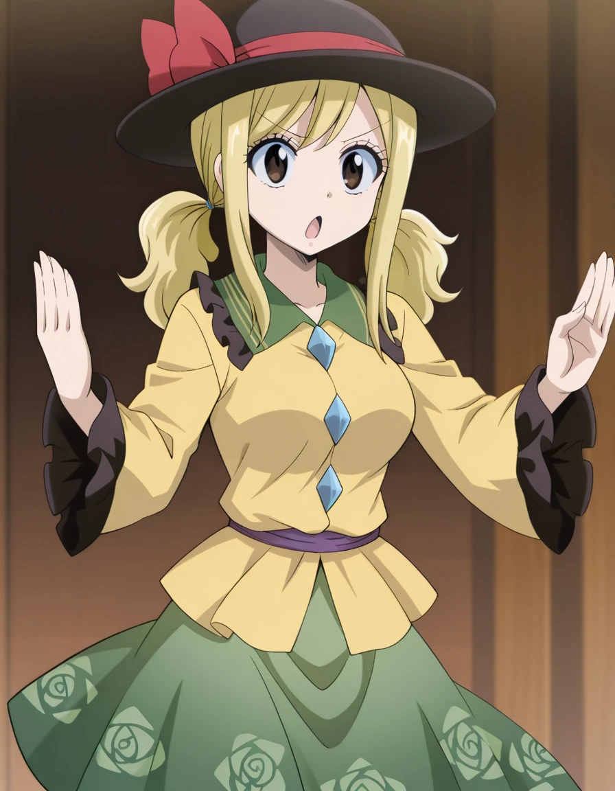 masterpiece, best quality, amazing quality,, <lora:lucy-heartfilia-s1s3s7-illustriousxl-lora-nochekaiser:1>, lucy heartfilia, twintails, low-tied twintails, long hair, blonde hair, brown eyes, mature female, breasts, anime screencap, <lora:komeiji-koishi-cosplay-illustriousxl-lora-nochekaiser:1>, komeiji koishi cosplay, komeiji koishi (cosplay), black hat, buttons, collared shirt, diamond button, floral print, frilled shirt collar, frilled sleeves, frills, green skirt, hat, hat ribbon, long sleeves, rose print, shirt, skirt, wide sleeves, yellow shirt,, <lora:kung-fu-illustriousxl-lora-nochekaiser:1>, kung fu, martial arts, training, fighting stance, cowboy shot, slit_pupils, open mouth, , ,