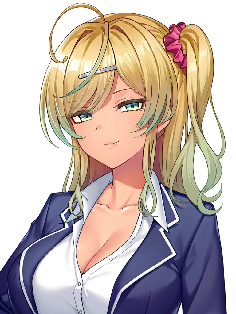 1girl, merazuka rena, green eyes, blonde hair, long hair, one side up, hair scrunchie, hairclip, multicolored hair, large breasts, white background, upper body, smile, closed mouth, narrowed eyes, looking at viewer, school uniform, white shirt, blue blazer, cleavage,