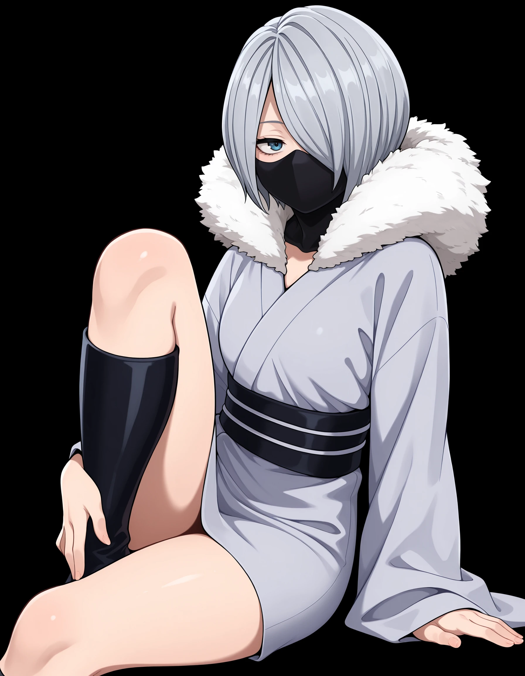 <lora:Yanagi Reiko - My Hero Academia (IllustriousXL):1>
1girl, solo,
y4nagi, hair over one eye, short hair, grey hair, blue eyes,
grey kimono, short kimono, long sleeves, wide sleeves, fur trim, fur collar,  black sash, ninja mask, kneehighs, knee boots, 
sitting, knee up, looking at viewer, arm support,, masterpiece, best quality, amazing quality,, (simple background, black background:1.1),