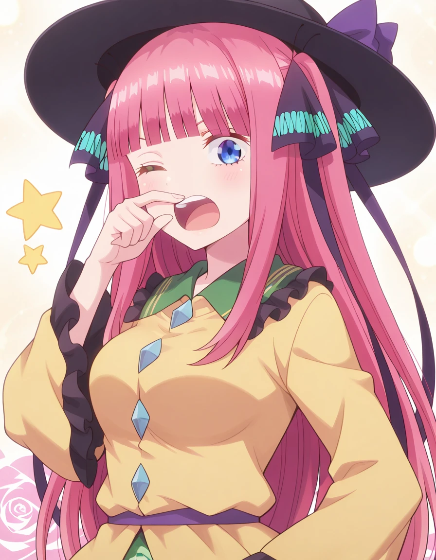 masterpiece, best quality, amazing quality,, <lora:nino-nakano-s1-illustriousxl-lora-nochekaiser:1>, nino nakano, nakano nino, long hair, bangs, blue eyes, hair ornament, hair ribbon, pink hair, blunt bangs, two side up, butterfly hair ornament, mature female, breasts, anime screencap, <lora:komeiji-koishi-cosplay-illustriousxl-lora-nochekaiser:1>, komeiji koishi cosplay, komeiji koishi (cosplay), black hat, buttons, collared shirt, diamond button, floral print, frilled shirt collar, frilled sleeves, frills, green skirt, hat, hat ribbon, long sleeves, rose print, shirt, skirt, wide sleeves, yellow shirt,, <lora:rubbing-nose-illustriousxl-lora-nochekaiser:1>, rubbing nose, looking at viewer, smile, one eye closed, hand up, teeth, star (symbol),, yawning, open mouth, , ,