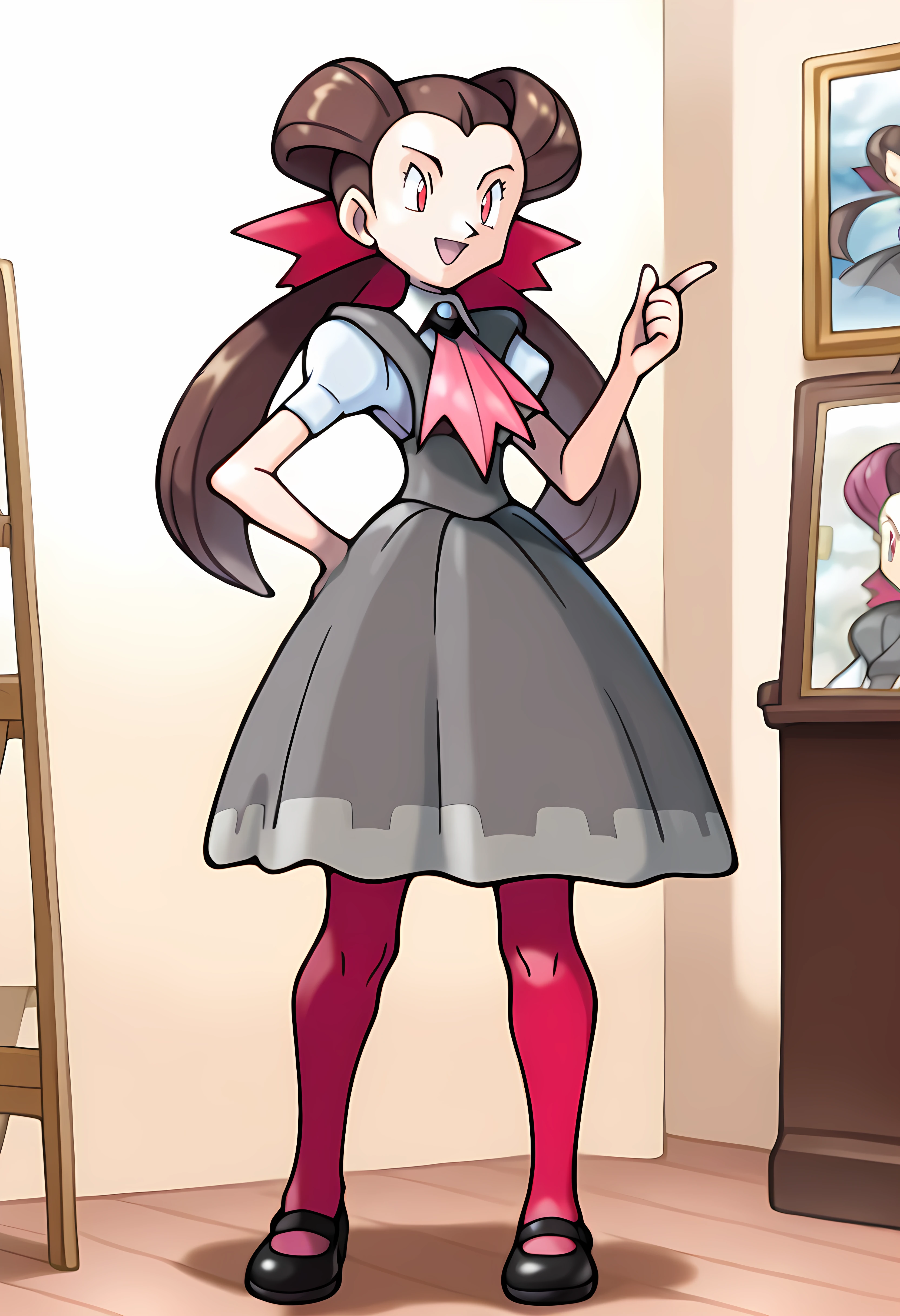 Masterpiece, newest, perfect quality, best quality, 1girl, solo,roxanne pokemon,ict style, watercolor \(medium\), indoors, museum, happy, hand on hip, index finger raised, open mouth, mature woman, Or4sR0x, red eyes, brown hair, twintails, long hair, hair pulled back, grey dress, pinafore dress,sleeveless dress, white shirt, pink pantyhose, short sleeves, black mary janes, pink ascot, pink hair ribbon, white collared shirt