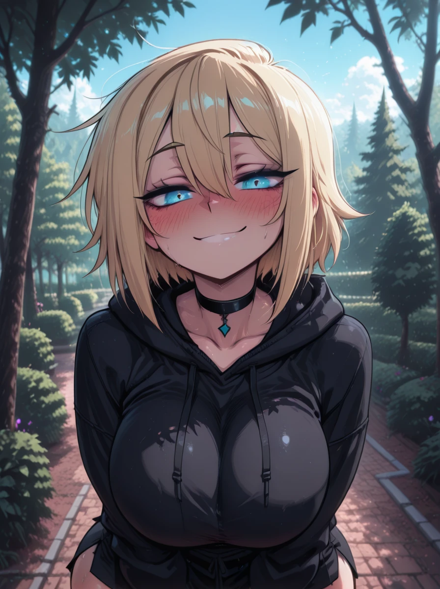 masterpiece, best quality, newest, amazing quality, very aesthetic, absurdres, anime girl, 1girl, solo, kris, half body, huge breasts, big ass, black choker, black dress, black hoodie, standing, Portrait of a young woman, blue eyes, blonde hair, short hair, seductive smile, fair skin, looking at viewer, goth, emo, tomboy, blush, Detailed iris, big eyes, messy hair, detailed face, soft lighting. natural beauty, detailed features, shallow depth of field. young woman, smiling expression, soft lighting, detailed, serene expression, detailed face, natural lighting, intense gaze, outdoors, <lora:KrisNoobAIApexAi:1>