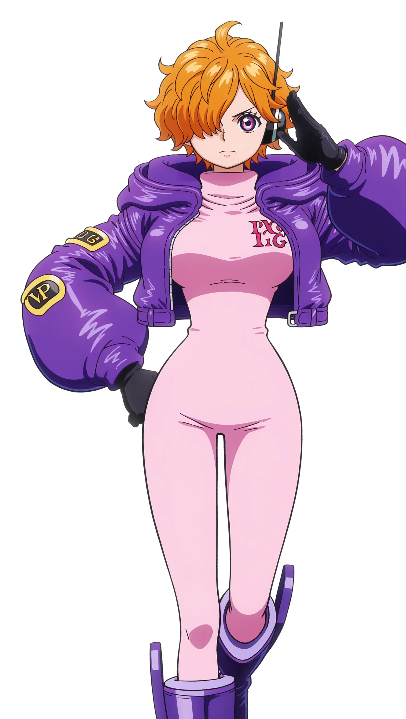 masterpiece, highest quality, High resolution, 1 girl, ticker, short hair, big breasts, race_Queen,pink leotard, Jacket, embarrassing,closed mouth, field,