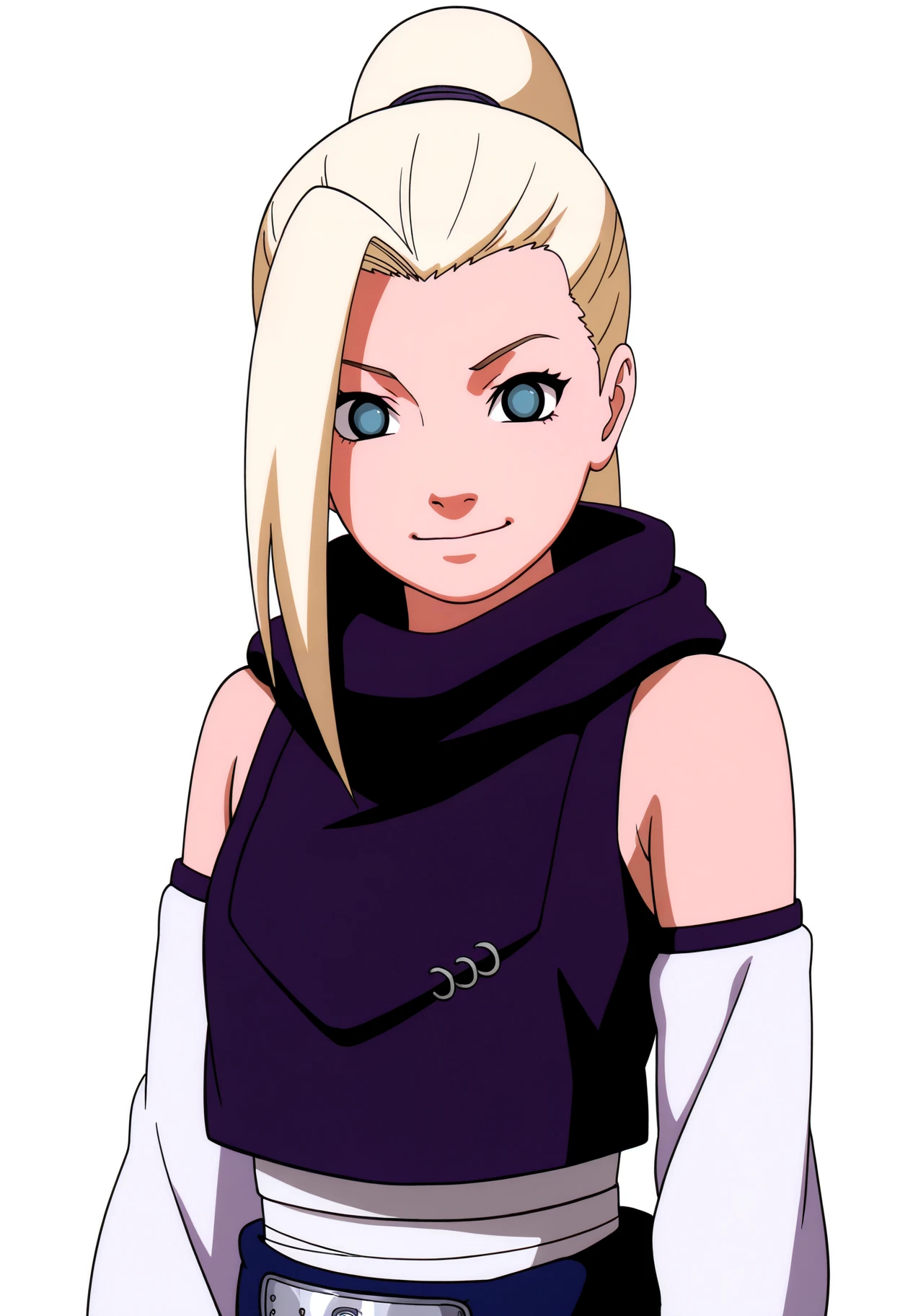 best quality, amazing quality, very aesthetic, absurdres,
1girl, yamanaka ino, blonde hair, high ponytail, long hair, blue eyes,
detached sleeves, belt, ninja,
upper body,
smile, looking at viewer, simple background, white background, <lora:InoYamanakaGeninNoobXL_byKonan:1>