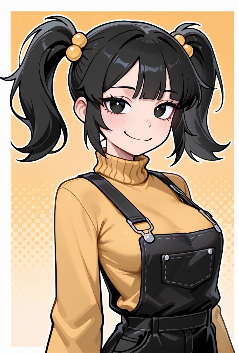 <lora:cassidyfnaf-10:1> cassidyfnaf, 1girl, twintails, black hair, hair ornament, long sleeves, yellow sweater, hair bobbles, turtleneck sweater, black overalls dress, yellow background, medium breasts, looking at viewer, smile, long sleeves, loose sleeves,, masterpiece, best quality, amazing quality, very aesthetic, absurdres, newest,, upper body, halftone effect, white borders, abstract background:1.2,