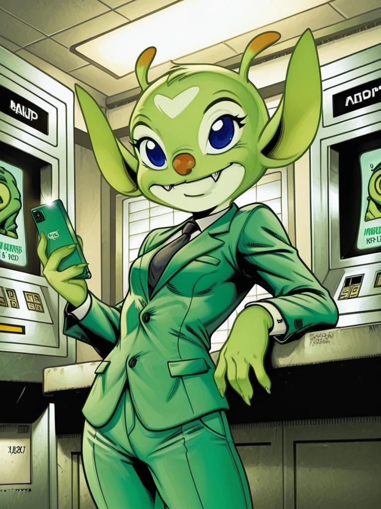 solo, 
<lora:Bonnie_unstableNick_illXL:1.15> exp149, 1girl, anthro, furry, green body, fangs, [[[bald]]], 
slim, tall, green suit, tie, white shirt, pants, holding smartphone, looking at viewer, smile, 
cowboy shot, leaning on hand, 
indoors, bank, atm machine, 
 <lora:JasonFabokComics_style-12:1.2> JasonFaboksXL,,, good quality, best quality, masterpiece \(quality\)