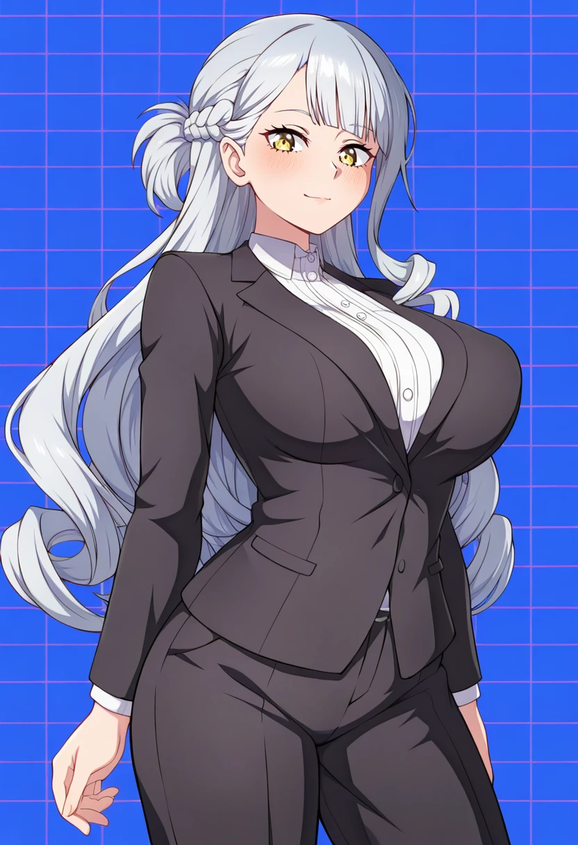 score_9, score_8_superior, score_7_superior, score_6_superior,masterpiece,Highest quality,High resolution,One girl,Very long hair,Grey Hair,Yellow Eyes,(Parted bangs:1.5),amount,Semi-rimless eyewear,Large Breasts,,blazer,blush,