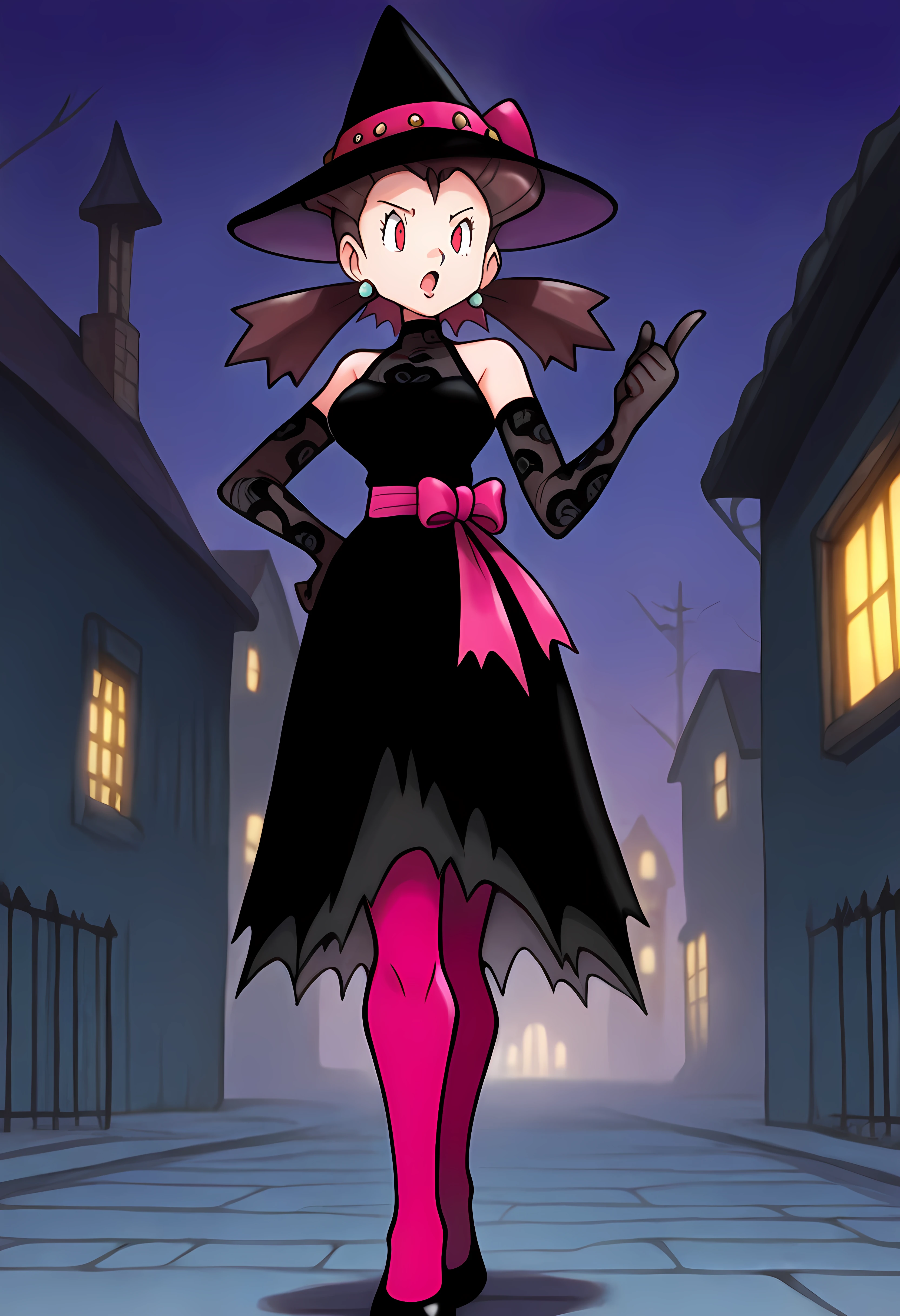 Masterpiece, newest, perfect quality, best quality, 1girl, solo,volumetric lighting,ict style, watercolor \(medium\), outdoors, night, spooky, urban, hand on hip, index finger raised, open mouth, mature woman, M4stR0x, red eyes, brown hair, twintails, halloween costume, official alternate costume, elbow gloves, witch hat,bare shoulders, pink sash, black headwear, sleeveless dress, shoes, black footwear, ribbon, jewelry, earrings, pink pantyhose, black dress, torn dress