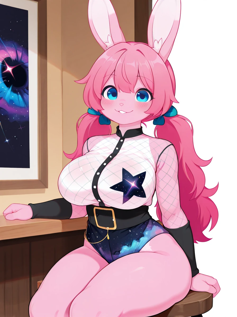 digital media \(artwork\), (masterpiece, high quality, best quality, 8k uhd, absurd res, very aesthetic, newest),solo, <lora:DreamflowerBunny:1> anthro, female, lagomorph, rabbit, pink body, pink hair, long hair, twin tails, blue eyes, big breasts, A bralette and high-waisted brief set featuring a beautiful watercolor galaxy print on breathable mesh, perfect for those who dream of distant worlds., Sitting on a stool leaning forwards