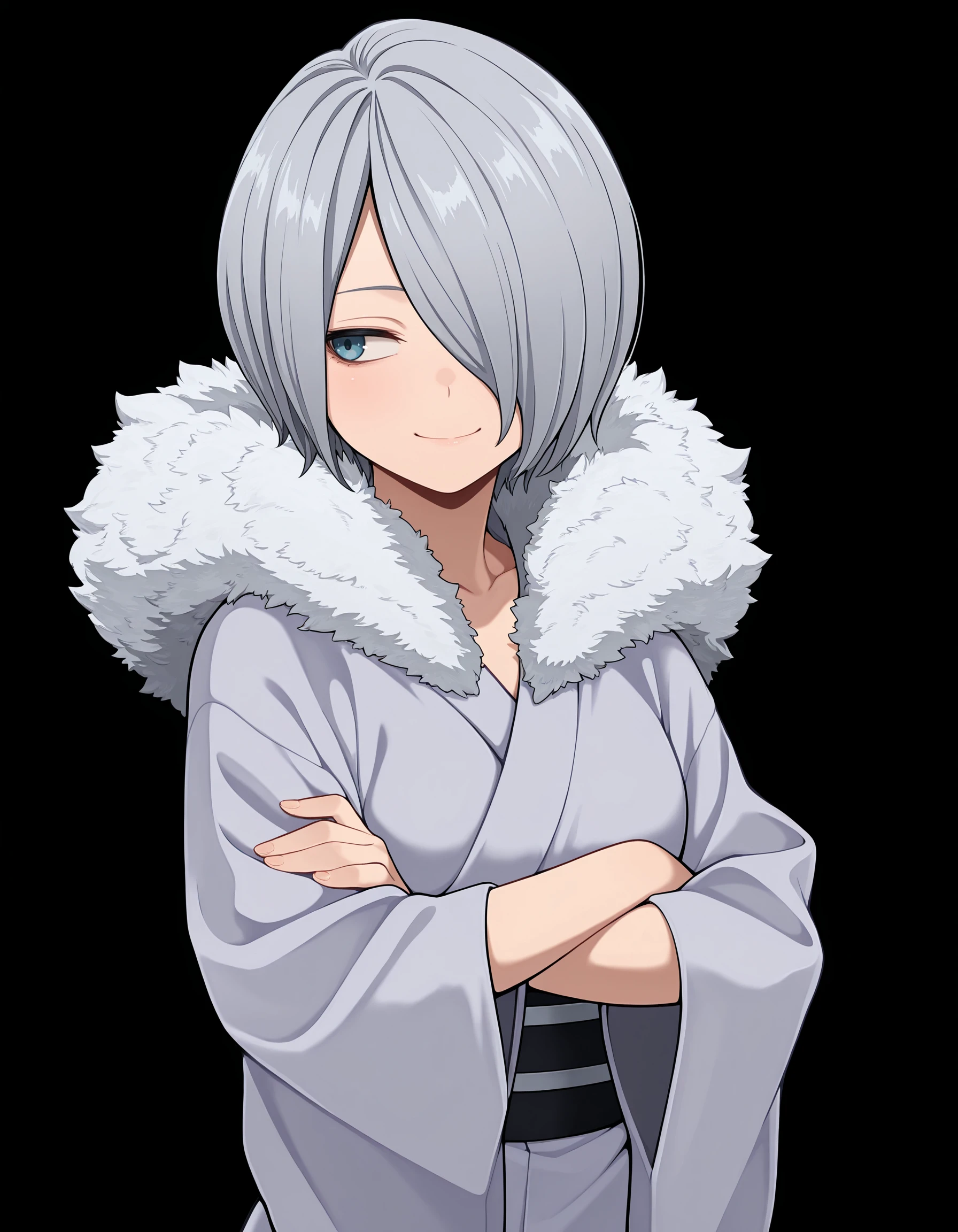 <lora:Yanagi Reiko - My Hero Academia (IllustriousXL):1>
1girl, solo,
y4nagi, hair over one eye, short hair, grey hair, blue eyes,
grey kimono, short kimono, long sleeves, wide sleeves, fur trim, black sash,
upper body, crossed arms, looking to the side,
closed smile,, masterpiece, best quality, amazing quality,, (simple background, black background:1.1),