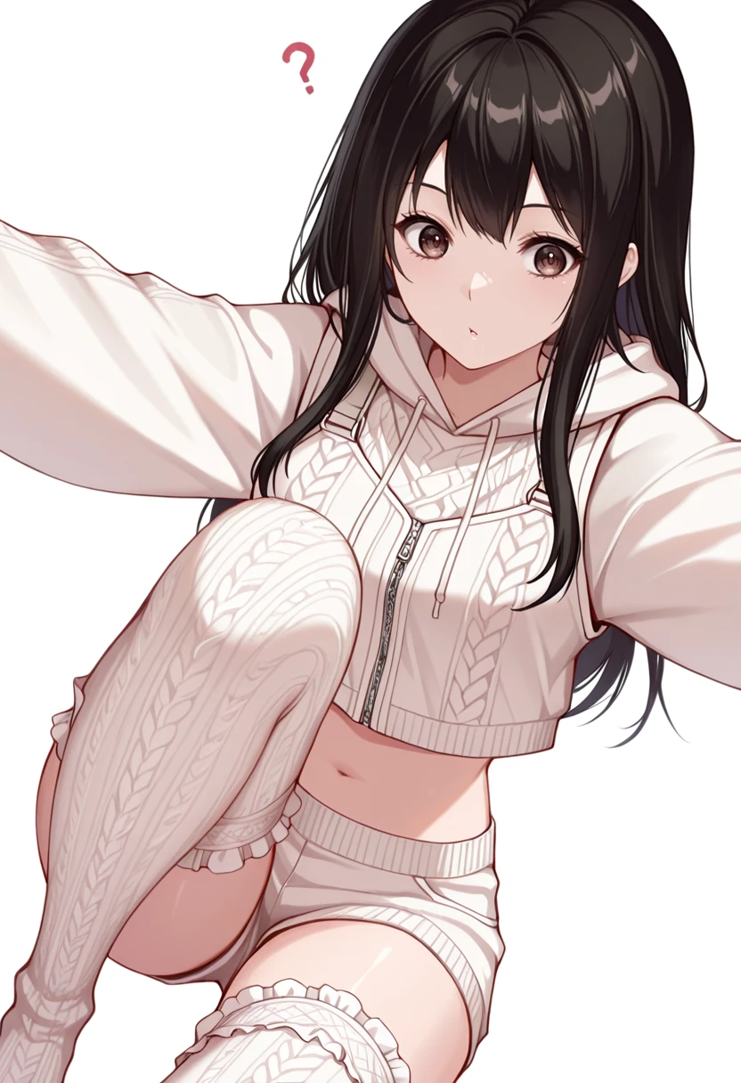 score_9, score_8_up, score_7_up, 1girl, woman, long hair, black hair, parted bangs, light black eyes, small breasts, innexpressive, sweater, Comfortable sleeves, sweater, blushing, narrowed eyes, closed mouth, standing, crossed arms, side view, thigh-high pantyhose, below view, upper body, masterpiece, best quality, white background