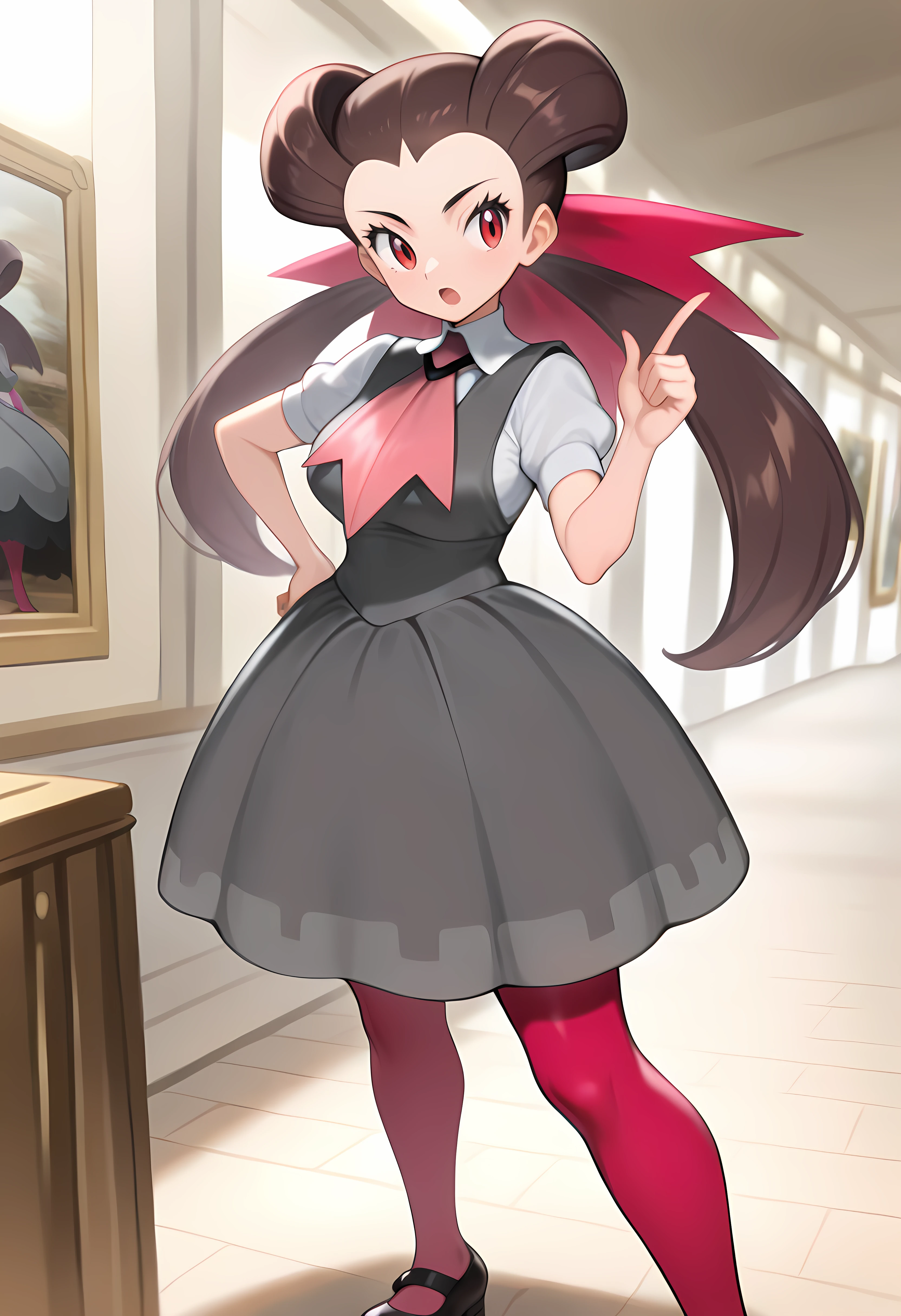 Masterpiece, newest, perfect quality, best quality, 1girl, solo, indoors, museum, hand on hip, index finger raised, open mouth, mature woman, Or4sR0x, red eyes, brown hair, twintails, long hair, hair pulled back, grey dress, pinafore dress,sleeveless dress, white shirt, pink pantyhose, short sleeves, black mary janes, pink ascot, pink hair ribbon, white collared shirt
