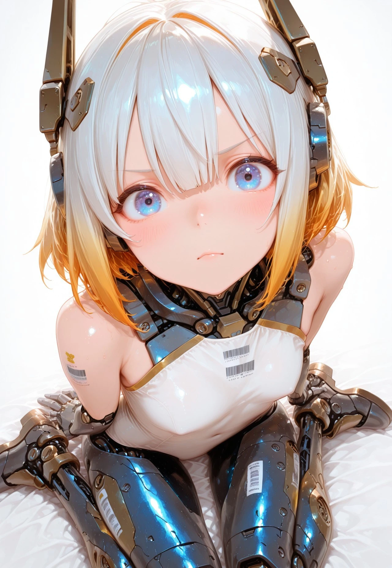 score_9,(masterpiece, best quality, dynamic angle),8k,1girl,18 years old,mechanical girl,humanoid,cute,kawaii,short hair,big eyes,eyes detail,face close-up,looking viewer,
BREAK
mechanical skin,mechanical body,mechanical head gear parts,mechanical arms and hands,mechanical legs,
BREAK
parts color of white,
BREAK
small industrial decals on body panels with numbers and barcodes and caution mark,
BREAK
white wallpaper background,wariza,from above,
