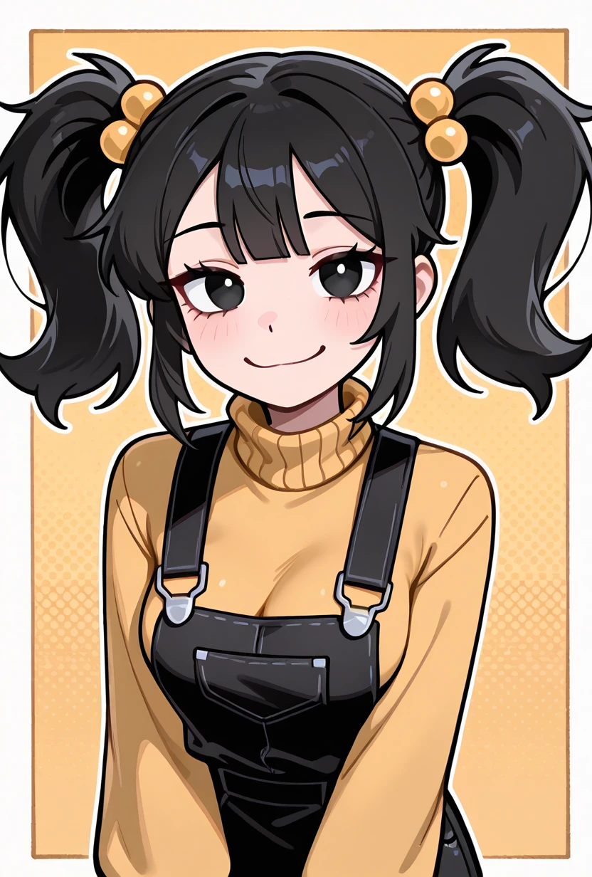 <lora:cassidyfnaf-10:1> cassidyfnaf, 1girl, twintails, black hair, hair ornament, long sleeves, yellow sweater, hair bobbles, turtleneck sweater, black overalls dress, yellow background, medium breasts, looking at viewer, smile, long sleeves, loose sleeves,  no neck, arms forward, pose cute pose,, masterpiece, best quality, amazing quality, very aesthetic, absurdres, newest,, upper body, halftone effect, white borders, abstract background:1.2,