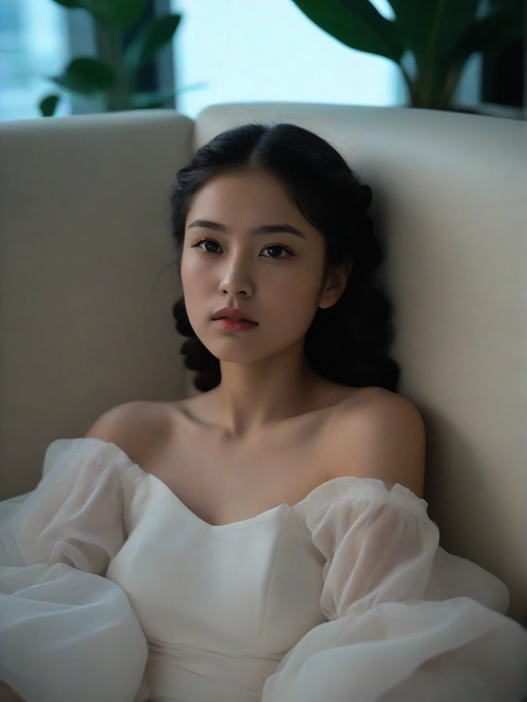 Best quality, masterpiece, ultra high res, (photorealistic:1.5), raw photo, 1girl, offshoulder, in the dark, deep shadow, low key, cold light, sexy look, short hair