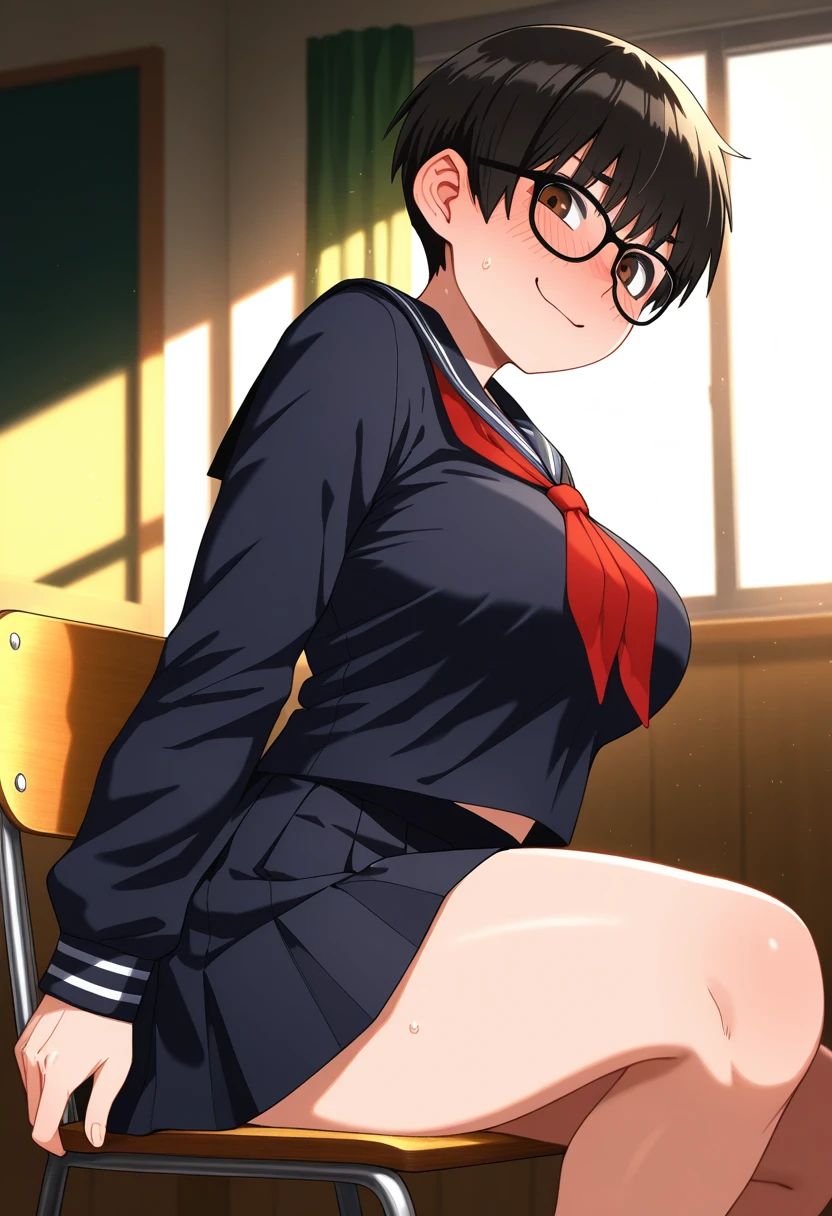 (masuter piece,Best Quality,Ultra-detailed), 1girl in,cowboy shot,Beautiful fece,Zenyin_Maki,poneyTail,eye glasses,bangss,A dark-haired,Brown-eyed,uniform,natta,drapes,Stereoscopic lighting,intricate detailes,tonemapping,sharp focus,Hyper-detailing,Trending on ArtStation,magic,beautiful countenance, full_body_views, mini skirt, underwear, knees, feet 