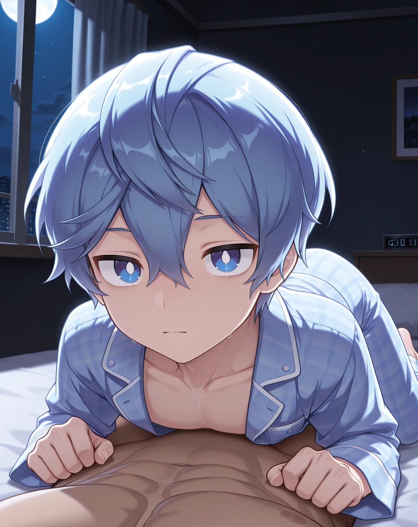 Mammal, <3, anthro, biped, blue eyes, bulge, no clothing, inside, kemono, lying in bed, male, shota, olo, white socks, young, young anthro, underwear. The scene is set in a cozy room, illuminated by soft, gentle light. The young, slender, blue-eyed mammal lies in bed, his bulge evident through his loose underwear. He dons white socks and has a twinkle in his blue eyes as he gazes at the viewer, his young anthro body radiating an air of innocence and sensuality. The white socks add a touch of contrast against his bare body,wearing white socks,