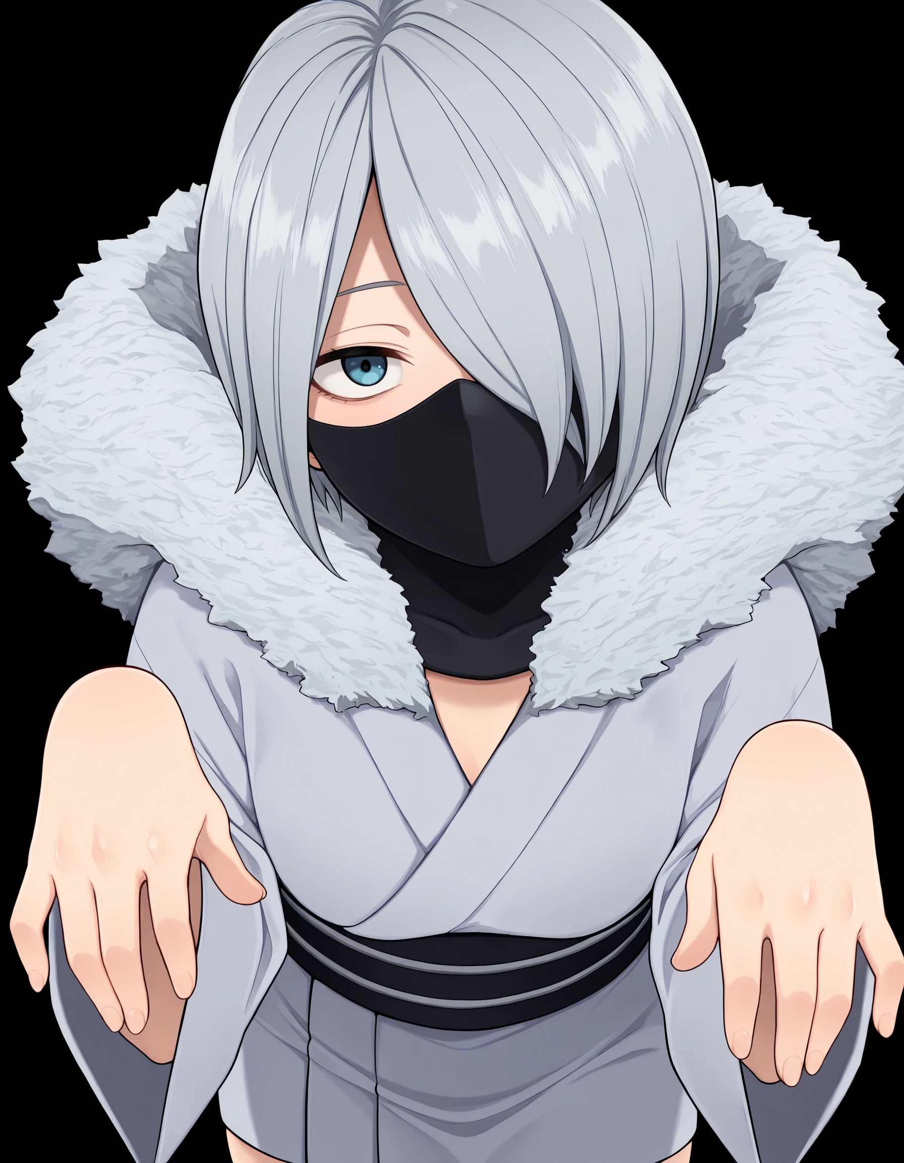 <lora:Yanagi Reiko - My Hero Academia (IllustriousXL):1>
1girl, solo,
y4nagi, hair over one eye, short hair, grey hair, blue eyes,
grey kimono, short kimono, fur trim, black sash, ninja mask,
upper body, leaning forward, head tilt, looking at viewer,
standing, straight-on, ghost pose,, masterpiece, best quality, amazing quality,, (simple background, black background:1.1),