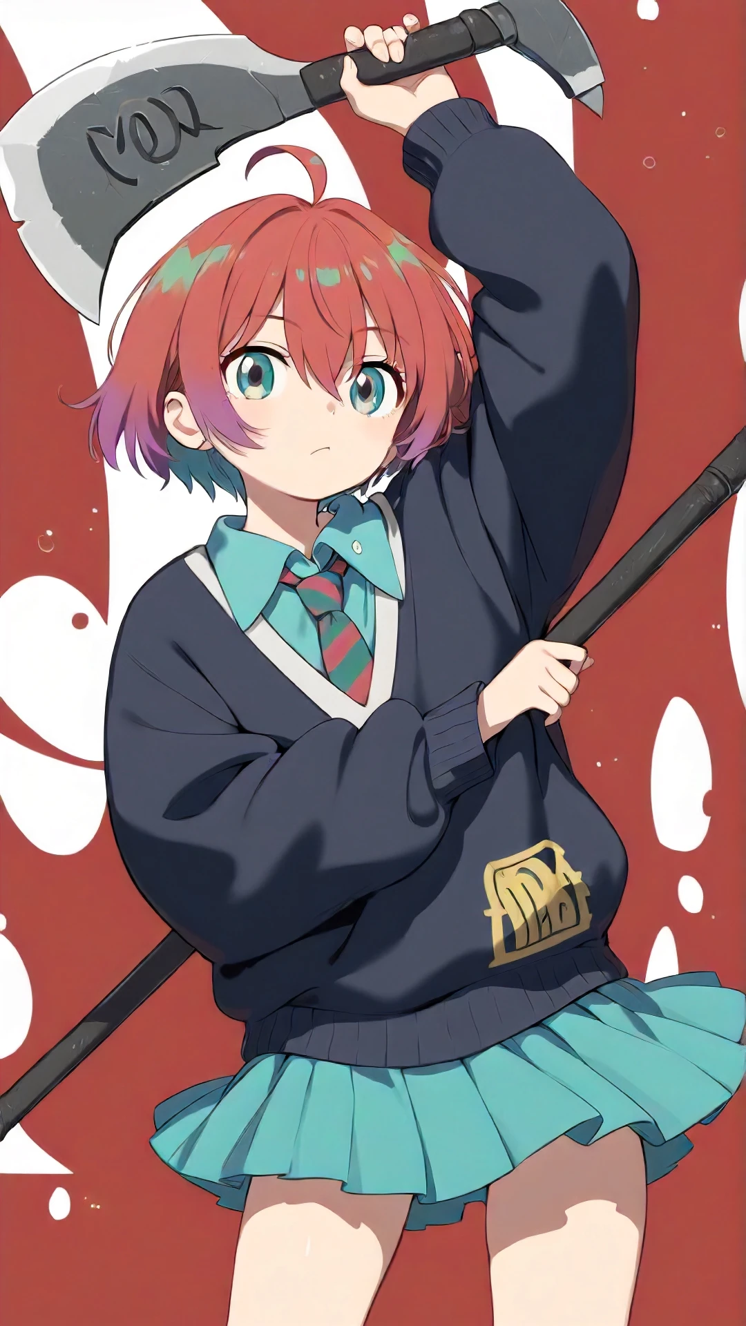 amate_yuzuriha, an anime girl, 1girl, solo, short hair, bangs, skirt, simple background, shirt, long sleeves, white background, holding, hair between eyes, closed mouth, weapon, ahoge, red hair, multicolored hair, pleated skirt, necktie, striped, puffy sleeves, collared shirt, holding weapon, arm up, aqua eyes, sweater, blue skirt, wing collar, red necktie, legs apart, axe, striped necktie, holding axe, aqua skirt