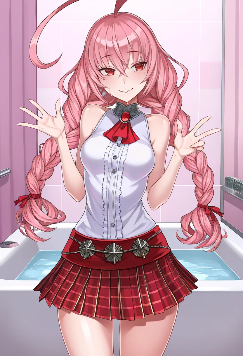 1girl, breasts, nipples, solo, thighhighs, pink_hair, long_hair, breasts_out, blood, large_breasts, black_thighhighs, choker, blood_on_face, pink_eyes, looking_at_viewer, bottle, sidelocks, collarbone, cowboy_shot, bangs, closed_mouth, zettai_ryouiki, bare_shoulders, dress