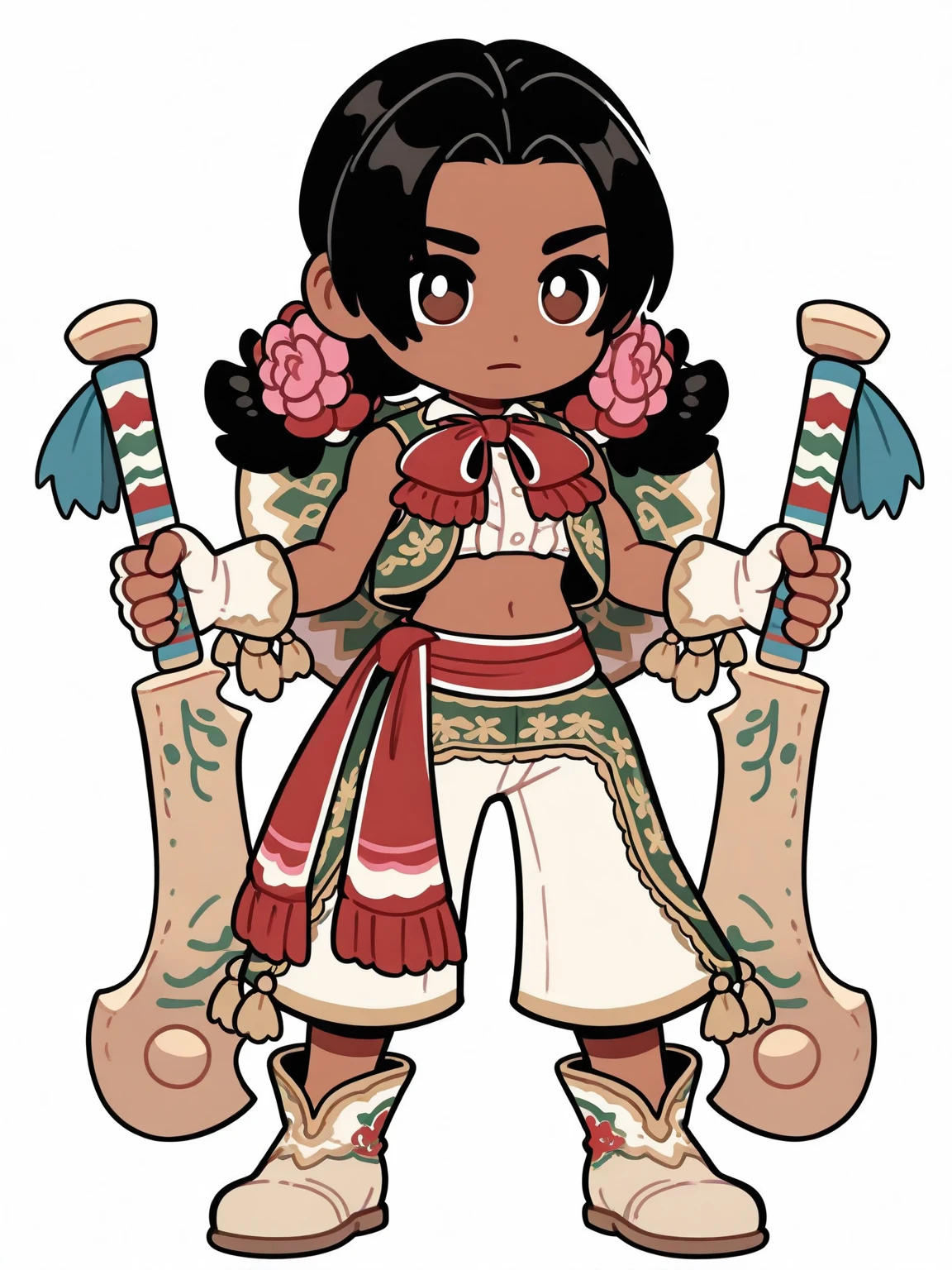 <lora:SF_LilyHawk-IL:1> 1girl, solo, chibi, holding weapon, macuahuitl, dual wielding, white background, black hair, brown eyes, dark skin, sf6lilyalt, twintails, hair flower, sleeveless vest, crop top, fingerless gloves, red sash, white pants, white boots, masterpiece, best quality, detailed, highres, newest, recent, very as2, very awa