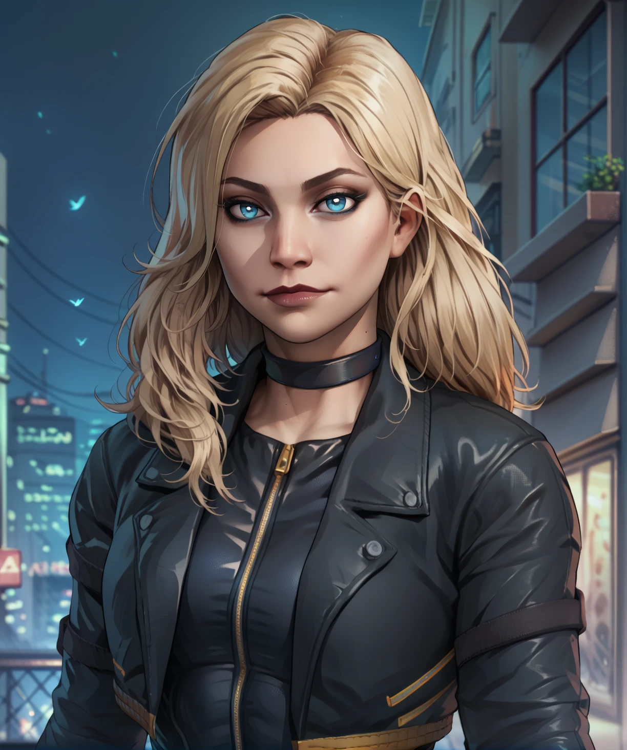 score_9, score_8_up, score_7_up, score_6_up, score_5_up, score_4_up,
blkcnryxl, blue eyes, blonde hair,
body suit, zipper, cropped jacket, choker,
upper body, looking at viewer,
city, night,
<lora:BlackCanaryxl:1>,