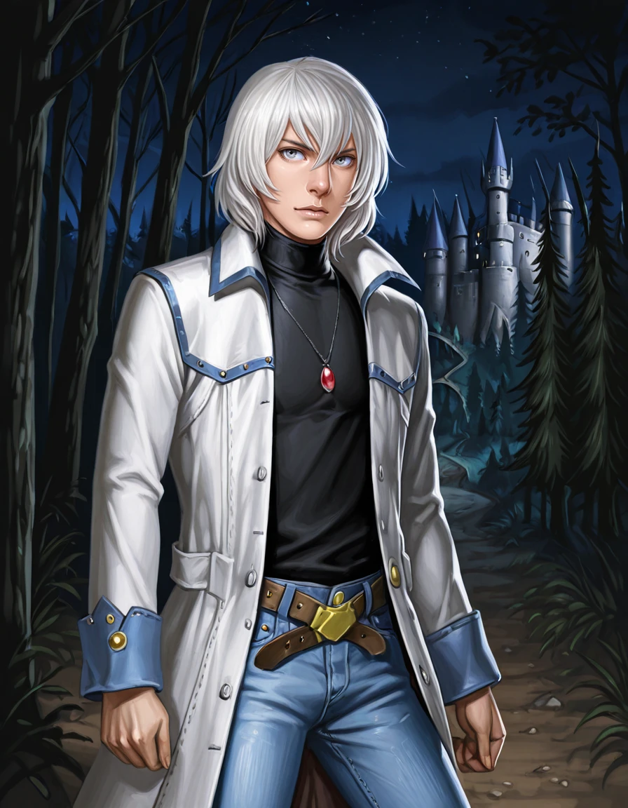 solo, 1boy, male focus, jewelry, belt, coat, denim, pants, jeans, necklace, turtleneck, white hair, grey eyes, pendant, soma cruz <lora:Soma_Cruz_Castlevania_Aria_of_SorrowIllustrious:1>  <lora:Amazon(Taitara)_IL:0.8> taitara, castle, forest, night, realistic
