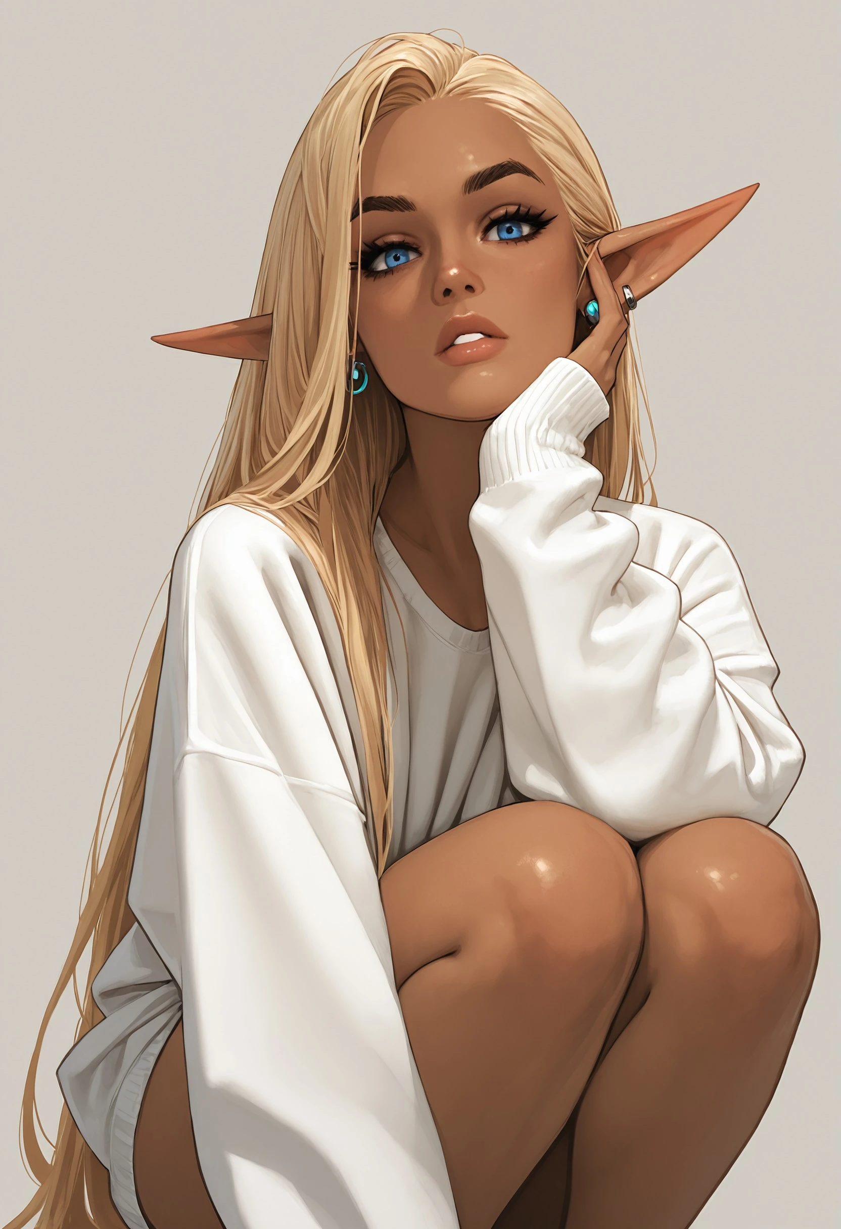 nvro2, 1girl, solo, pointy_ears, very_long_hair, forehead, hair_behind_ear, slicked_hair, straight_hair, blue_eyes, elf, jewelry, eyelashes, tanned skin, black_eyebrows, thick_eyebrows, earrings, blonde_hair, parted_lips, looking_at_viewer, long_sleeves, lips, simple_background, sleeves_past_wrists, sweater, white_sweatshirt, sitting, oversized_clothes, grey_background, hand_on_own_face, squatting, from_side, head_tilt, masterpiece, best quality, amazing quality, best resolution, incredibly absurdres, 4k, latest, , <lora:4064c259-83c1-405d-bef5-fcc0f7e8c0ac:0.9>