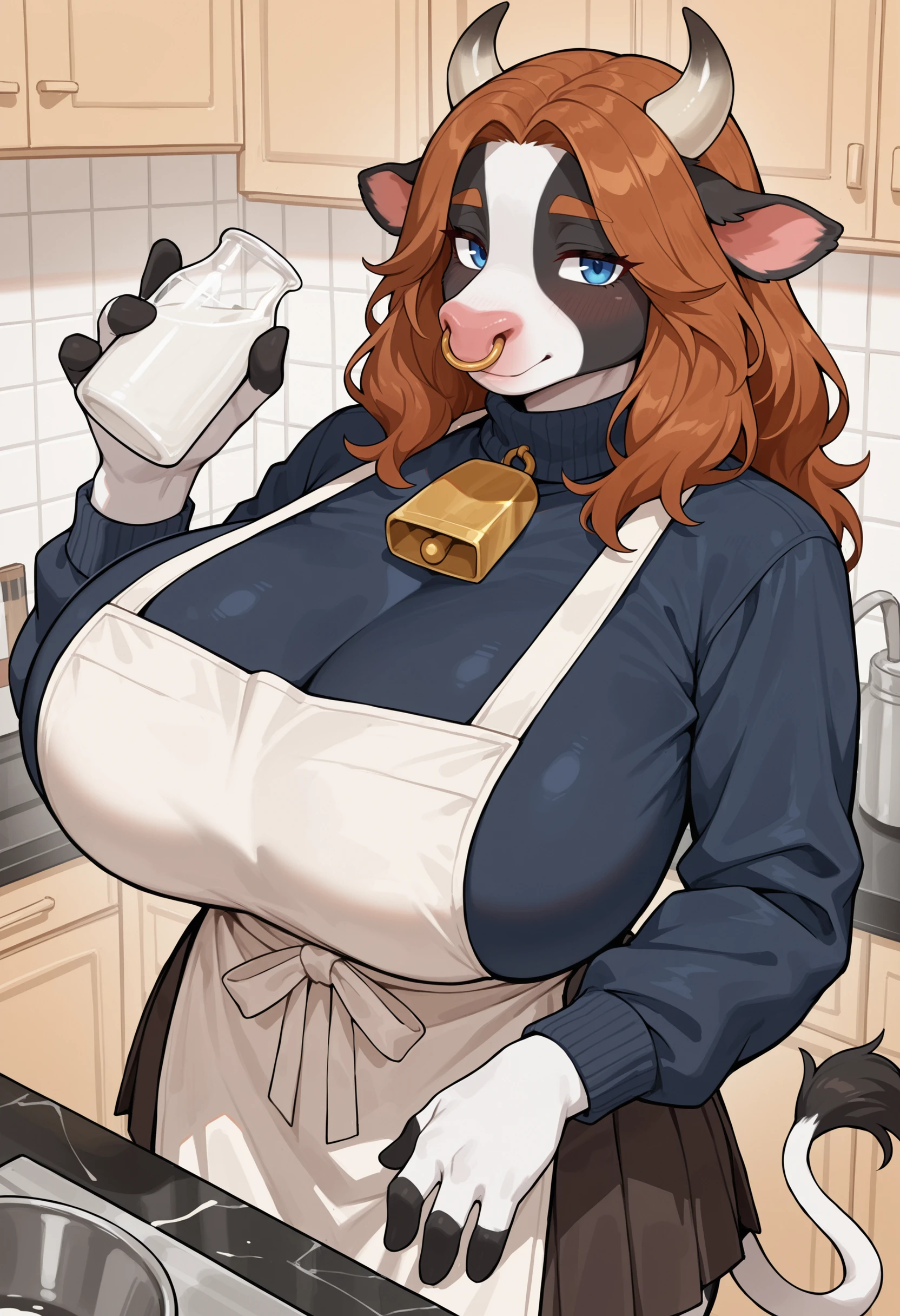 fluff-kevlar, by Zackary911, by Kenket, by Kilinah, by fluff-kevlar, (masterpiece), (best quality), (anthro furry:1.3, snout:1.2, anthro:1.3, furry:1.2, solo female:1.2), (extremely detailed:1.3), (thick figure, curvy figure), (thick body), (curvy body), (wide hips), (huge breasts), (huge thighs), (huge butt), wearing an apron, only wearing an apron, (small smile), coffee shop, barista, cow, (white underbelly),