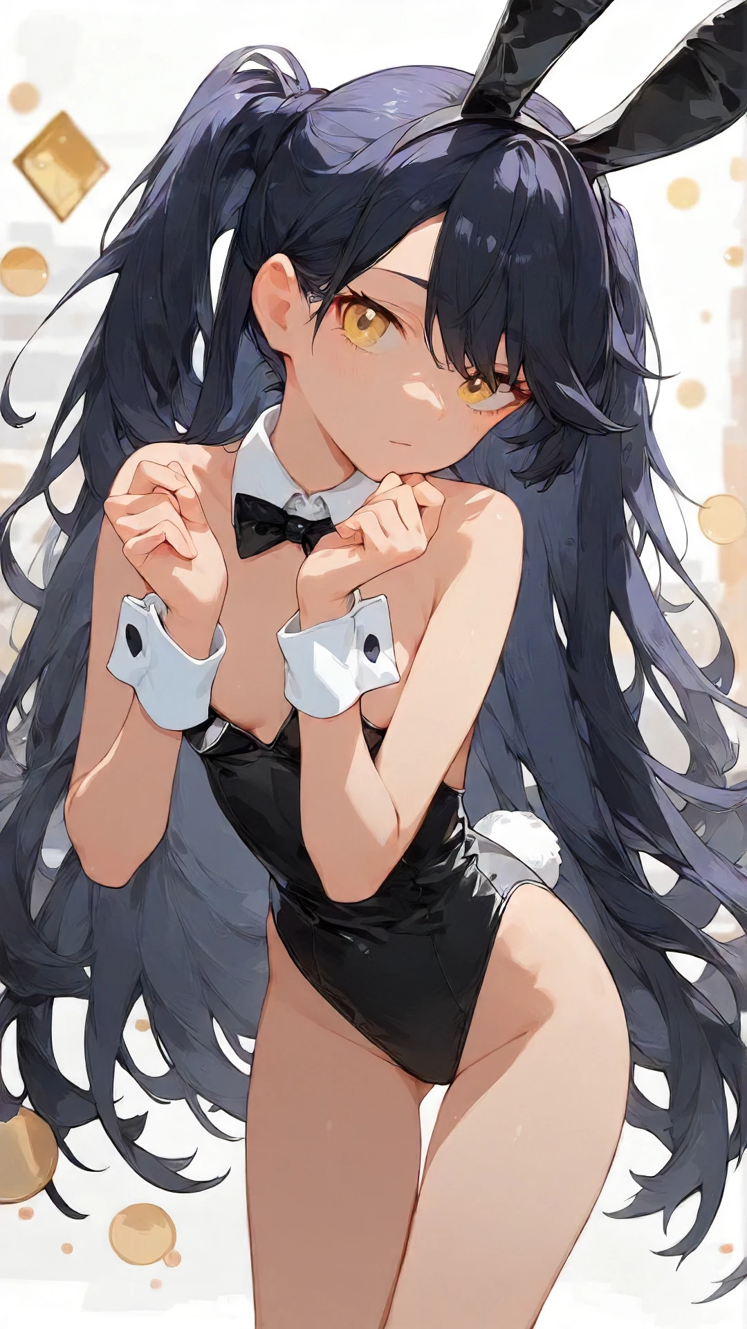 nyaan_gundam_gquuuuuux, an anime girl, 1girl, solo, long hair, breasts, looking at viewer, simple background, black hair, white background, bow, animal ears, tail, yellow eyes, cowboy shot, small breasts, bowtie, rabbit ears, leotard, wrist cuffs, bare legs, detached collar, playboy bunny, rabbit tail, black leotard