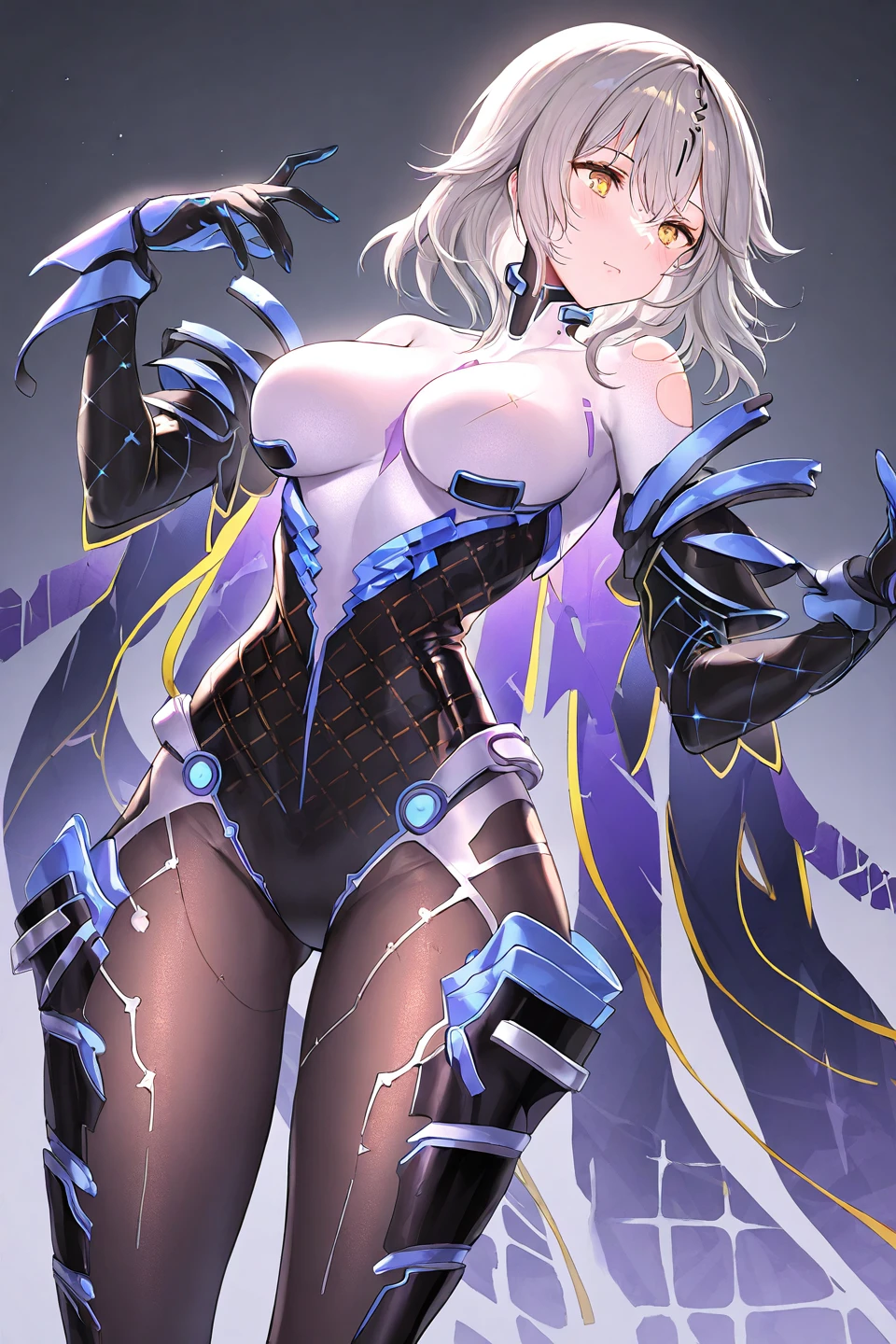 ((masutepiece:1.2)), ((Highest Quality)), (Ultra High Resolution), superfine illustration, ((Highly detailed face)), Raw photo, Professional, Ultra-fine painting, detailed metal texture, detailed cloth texture, Perfect Anatomy, real, ((Solo)), ((Beautiful Woman Dressed as a Mecha Angel)), Beautiful Breasts, concept-art, (Battle Pose), Detailed Science Fantasy Art, (silver hair with twin tails), (Highly detailed and delicate large amethyst purple symmetrical mechanical wings:1.4)), ((Mecha:1.2))Sleek and menacing design, (action pose), ((Marshal's Weapons)), ((Highly detailed and delicate mechanical armor dress in amethyst purple exclusively for Marshals)), Highly detailed and delicate starry sky, other world, no robot, (NSFW)