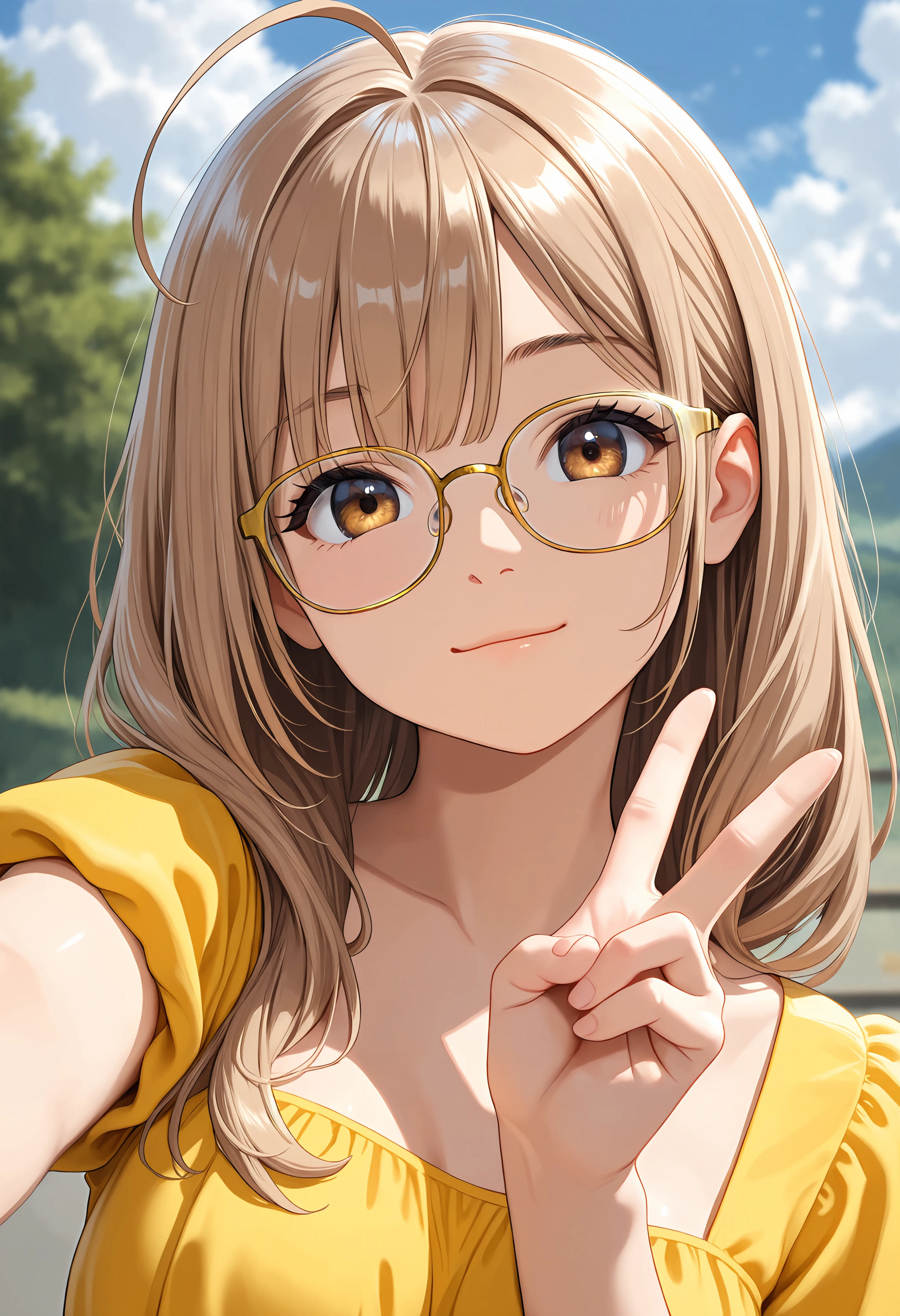 masterpiece, best quality, amazing quality, 1girl, close up, glasses, gold glasses, light brown hair, ahoge, light smile, yellow dress, v, looking at viewer, head tilt, outdoors, sky, clouds, blurry background