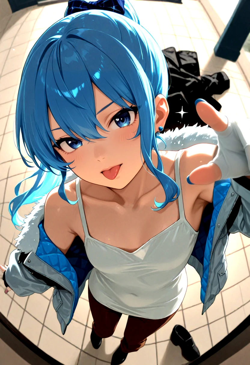 highres,qualityrate1,flat color,masterpiece,soft lighting,<lora:hoshimachi suisei hololive:0.8>,hoshimachi suisei,best quality,amazing quality,very aesthetic,newest,anime coloring,absurdres,1girl,black shirt,black shoes,blue eyes,blue nails,brown pants,closed mouth,clothes on floor,double-parted bangs,dress,foreshortening,from above,fur jacket,gloves,high ponytail,jacket,looking at viewer,multicolored jacket,official alternate costume,open clothes,open shirt,pants,pointing,pointing at viewer,ponytail,shirt,shoes,solo,sparkle,tile floor,tiles,tongue,tongue out,turning head,unworn clothes,virtual youtuber,white dress,white gloves,