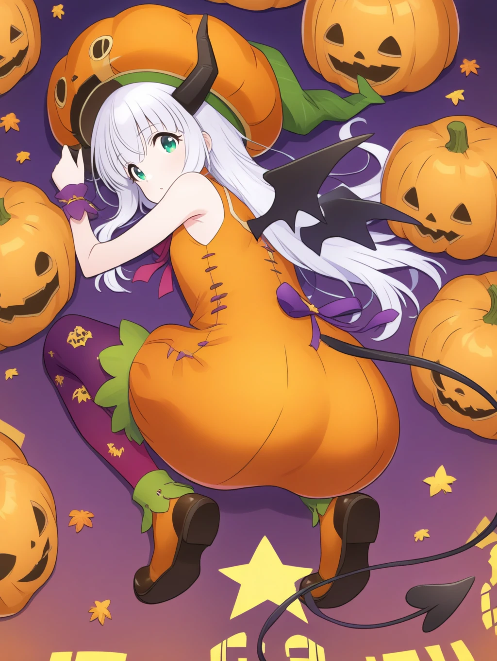 1 girl, (nude,flat chest,nipple,spread your pussy,No correction,NSFW)、Halloween backgrounds、witch hat、Silver hair twintails、Horizontal striped stockings