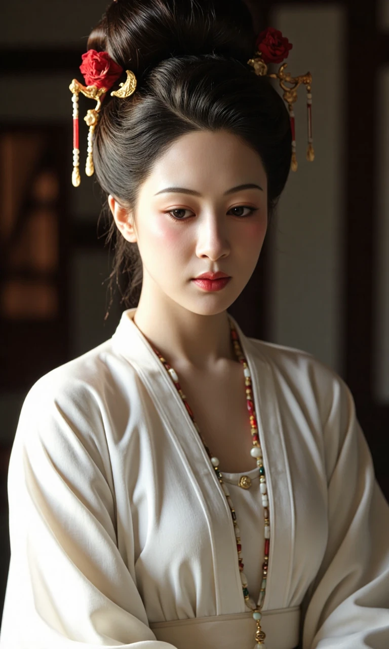 Top Atmosphere Photography Works, extremely realistic, Art by Zhang Jing,
HWF, MUDAN, This is a photograph from the historical drama, featuring a serene and elegant scene set in a dimly lit, ancient Chinese palace. The central figure is a young woman of East Asian descent, likely of Han Chinese ethnicity, with fair skin and delicate features. She has an oval face, almond-shaped eyes, looking at the viewer, and a small, delicate nose. Her dark hair is styled in an elaborate updo adorned with intricate hairpins, including a large, ornate hairpin with a golden crescent moon and red flowers.
She is dressed in traditional Tang dynasty hanfu attire, specifically a white, flowing robe with intricate embroidery, and a long, delicate necklace with a pendant. The robe's fabric appears to be made of silk, reflecting a soft, matte texture.
(photorealistic:1.5), (Extremely realistic, masterpiece, top quality, official art, best quality, beautiful and aesthetic:1.2), 4k, 8k, very rich details, 24bit colors, vivid colors, cinematic color grading, landscape,