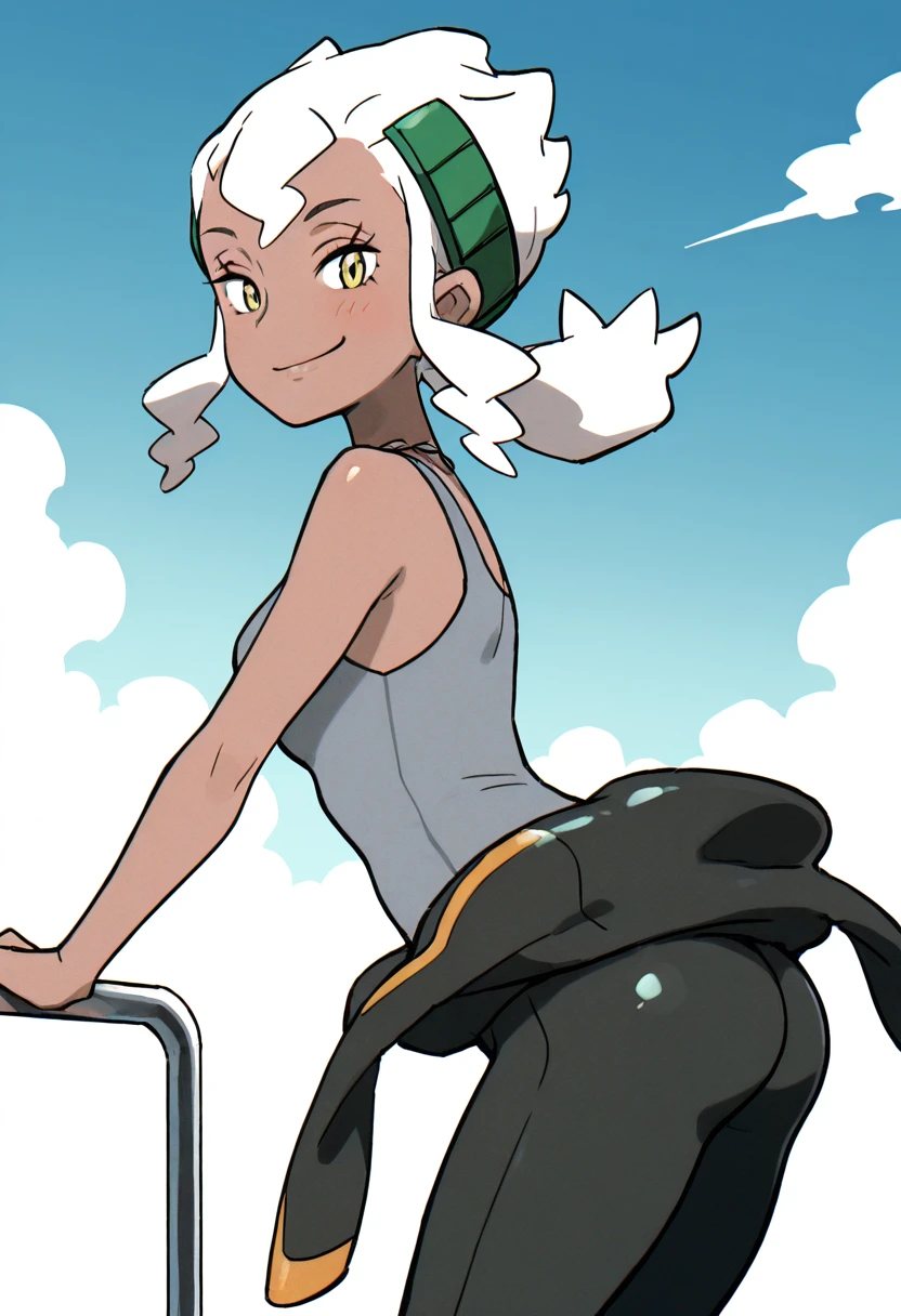 masterpiece, best quality, 1girl, solo, eyelashes, (beautiful eyes), shiny skin, looking at viewer, smile, zzBurnet, yellow eyes, long hair, white hair, sidelocks, dark skin, grey tank top, sleeveless shirt, bodysuit, clothes around waist, wetsuit, <lora:BurnetPokemon_IXL_v4:1.0>, side view, ass, leaning forward, cowboy shot, smile, looking at viewer, shiny skin,
