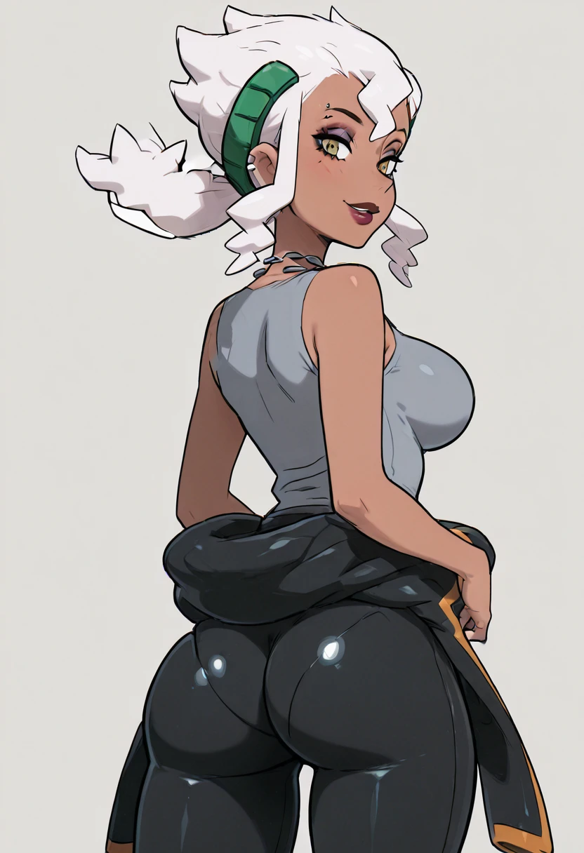 (solo:1.1),(masterpiece), (best quality:1.3), highly detailed, intricate, professional art, digital art, absurdres, confidant, emerald sustrai, futanari emerald sustrai wearing a crop top with arm gloves and pants confidently in a club,(Black see through top:1.4), (pants:1.6), 1girl, solo, (dark skin:1.5), green hair, bob hair, gold hoop earrings, gold jewellery, ab lines,(gold navel piercing:1.1), detailed stomach, red eye colour, dark skin, average breasts, (aroused:1.2), (futanari:1.1), (wide hips:1.4), (makeup 1:1), beestung lips, (black lipstick:1.3), large penis, panty straps riding hips, (large crotch bulge:1.4), crotch bulge, large testicles , furniture, fontal view, universal lighting