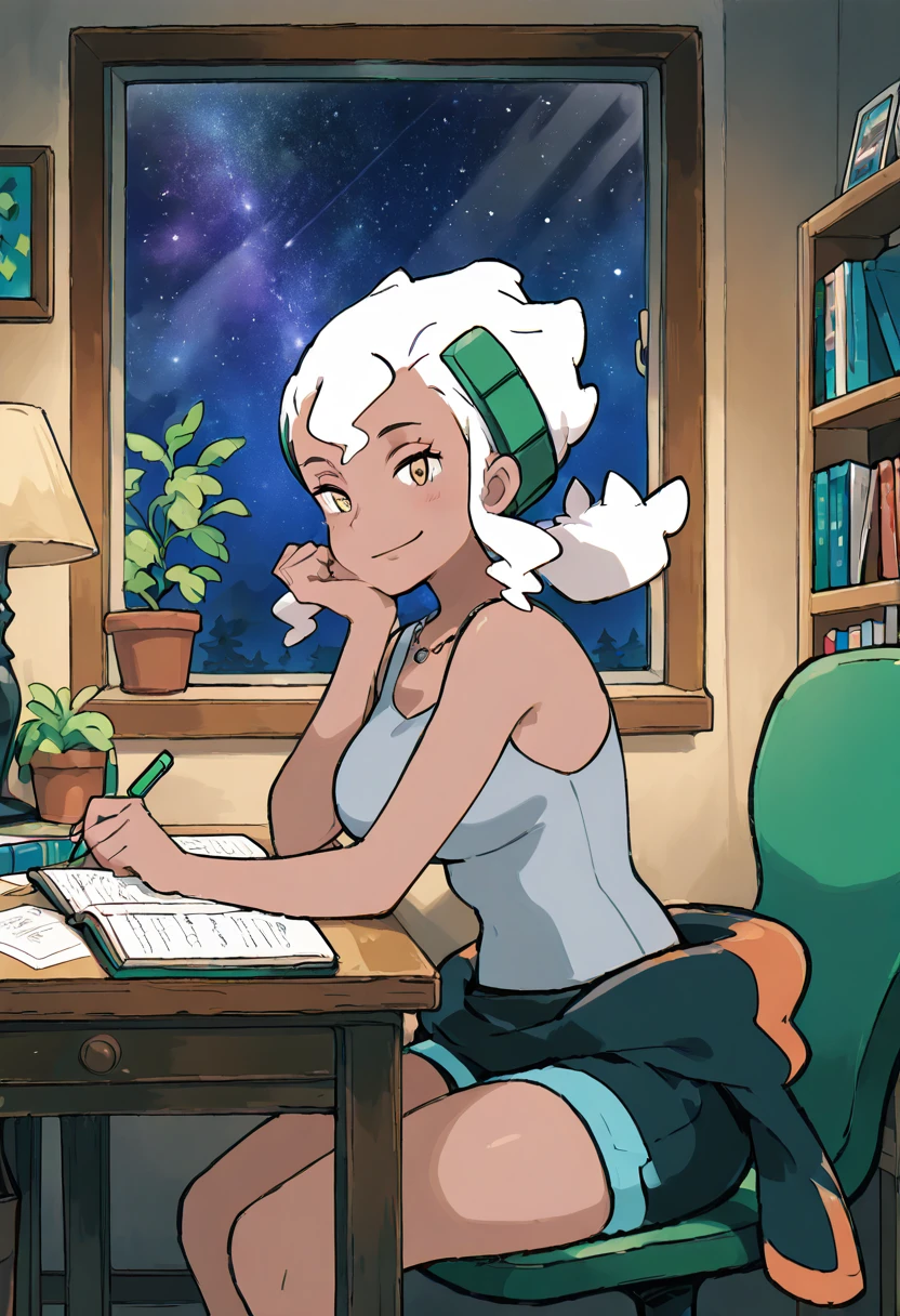 masterpiece, best quality, 1girl, solo, looking at viewer, smile, large breasts, zzBurnet, yellow eyes, long hair, white hair, sidelocks, dark skin, grey tank top, sleeveless shirt, bodysuit, clothes around waist, wetsuit, <lora:BurnetPokemon_IXL_v4:1.0>, , zzLofi, sitting, side view, desk, chair, book, bookshelf, head rest, holding, holding pen, lamp, night, open book, pen, plant, potted plant, sky, star (sky), starry sky, window, windowsill, writing, <lora:LofiGirl_Style_IXL:0.8>,