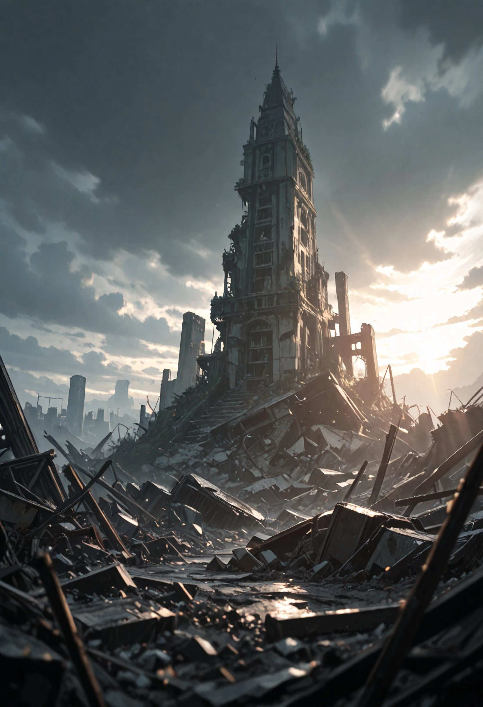 masterpiece, ultra-HD, very aesthetic, 8K, high detail, depth of field, score_9, score_8_up, perfect anatomy, landscape focus, best quality, absolutely eye-catching, ambient occlusion, amazing quality, best quality, detailed texture, detailed background, BREAK Overcast sky, ruins, wreckage, sunlight, Mottled, depth of field, wide-angle, dynamic angle