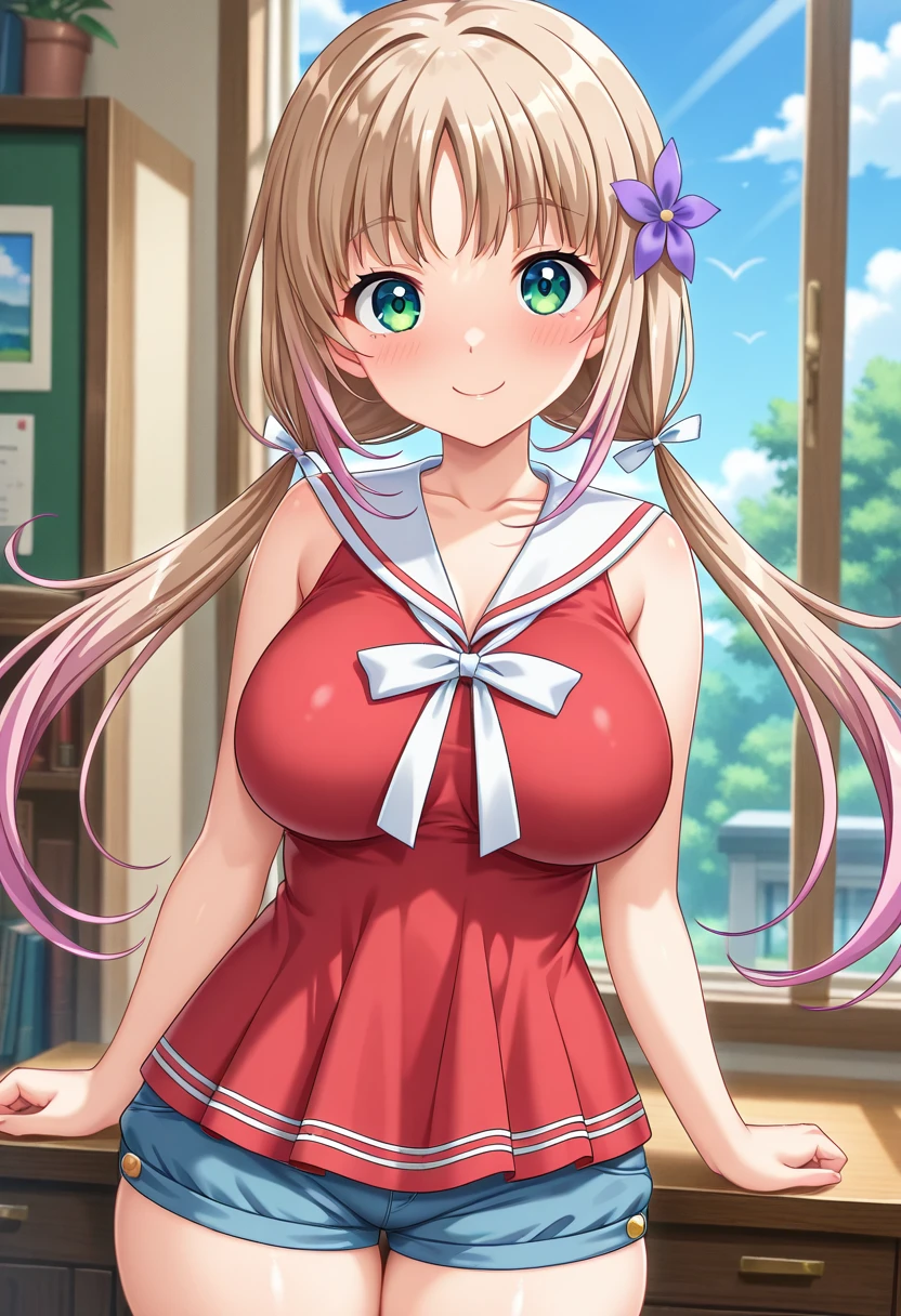 (leaning over:1.4), (masterpiece:1.2, best quality), (real picture, intricate details), 1girl, solo, absurdres, cowboy shot, standing, outdoors, :3, smile, bear girl, bear ears, ((light pink dress)), frills, very detailed dress, white thighhighs, platinum blonde hair, gray blue eyes, long hair, ((red strawberry choker)), smile, open mouth, one fang, large breasts, cleavage, sleeveless dress, arms behind back,