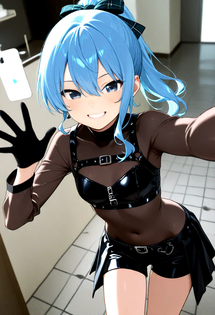 highres,qualityrate1,flat color,masterpiece,soft lighting,<lora:hoshimachi suisei hololive:0.8>,hoshimachi suisei,best quality,amazing quality,very aesthetic,newest,anime coloring,absurdres,1girl,asymmetrical sleeves,black shirt,black shorts,black skirt,blue eyes,blue hair,blurry background,chest harness,covered navel,depth of field,double-parted bangs,gloves,grin,hair between eyes,hair ribbon,half gloves,harness,long hair,long sleeves,looking at viewer,mismatched sleeves,official alternate costume,official alternate hairstyle,outstretched arm,overskirt,pleated skirt,ponytail,reaching,reaching towards viewer,ribbon,see-through clothes,see-through midriff,see-through sleeves,selfie,shirt,shorts,single glove,single half glove,skirt,smile,solo,star \(symbol\),star in eye,symbol in eye,tile floor,tiles,turtleneck,turtleneck shirt,virtual youtuber,waving,