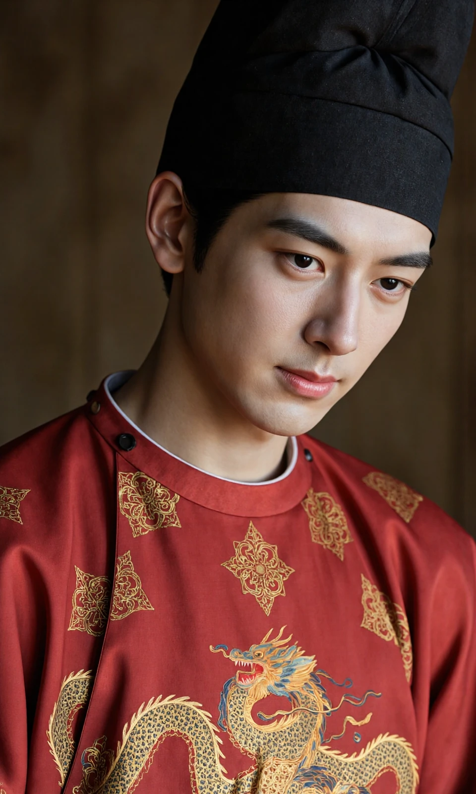 Top Atmosphere Photography Works, extremely realistic, Art by Zhang Jing,
JCY, HNS, The image is a photograph of a young East Asian man, likely in his early 20s, with a fair complexion and short, neatly combed black hair. He is wearing a black hat, and traditional Chinese attire, specifically a red round-collar robe adorned with intricate, gold embroidered patterns of dragons and phoenixes. The robe is made of a soft, rich fabric that appears to be silk or a similar high-quality material. He is wearing a black, wide-brimmed hat with a slightly upturned edge, typical of traditional Chinese headgear, which adds to the formal and historical ambiance of the scene.
The man's expression is contemplative, with his gaze slightly downwards and to the side, giving a sense of seriousness or deep thought. His face is clean-shaven, and he has a subtle, almost imperceptible smile.
(photorealistic:1.5), (Extremely realistic, masterpiece, top quality, official art, best quality, beautiful and aesthetic:1.2), 4k, 8k, very rich details, 24bit colors, vivid colors, cinematic color grading, landscape,