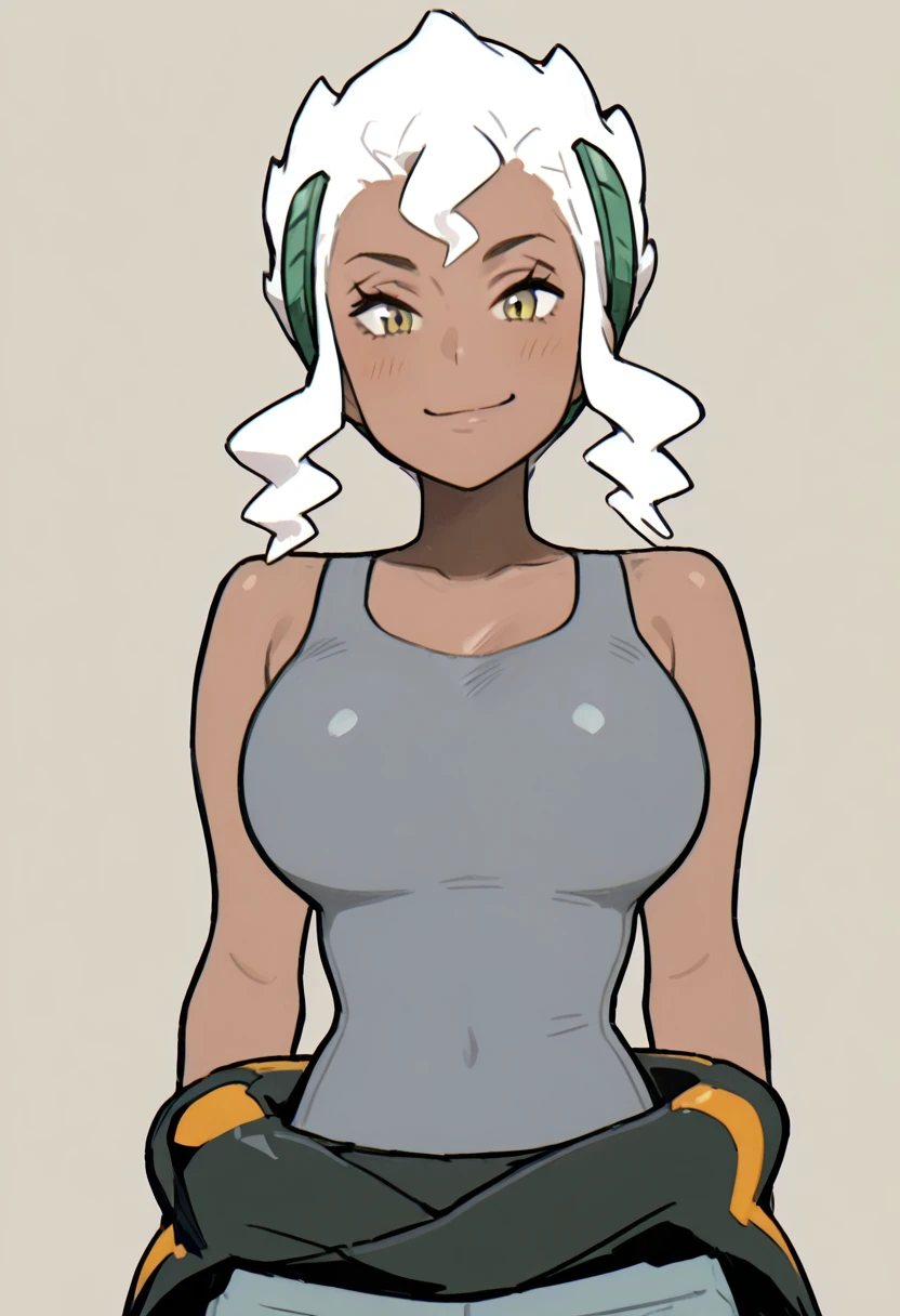 masterpiece, best quality, 1girl, solo, looking at viewer, smile, large breasts, zzBurnet, yellow eyes, long hair, white hair, sidelocks, dark skin, grey tank top, sleeveless shirt, bodysuit, clothes around waist, wetsuit, <lora:BurnetPokemon_IXL_v4:1.0>, , smile, looking at viewer, cowboy shot, <lora:IckpotIXL_v1:1.0>,